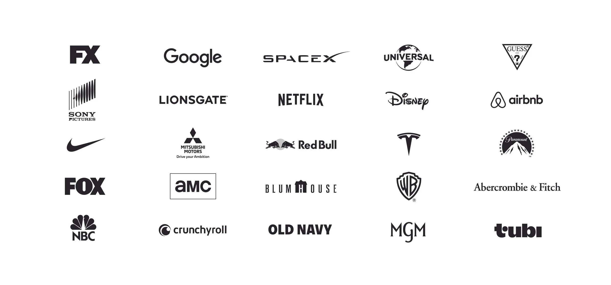 A collection of logos from various entertainment, technology, automotive, and fashion brands in black and white, arranged in a grid.