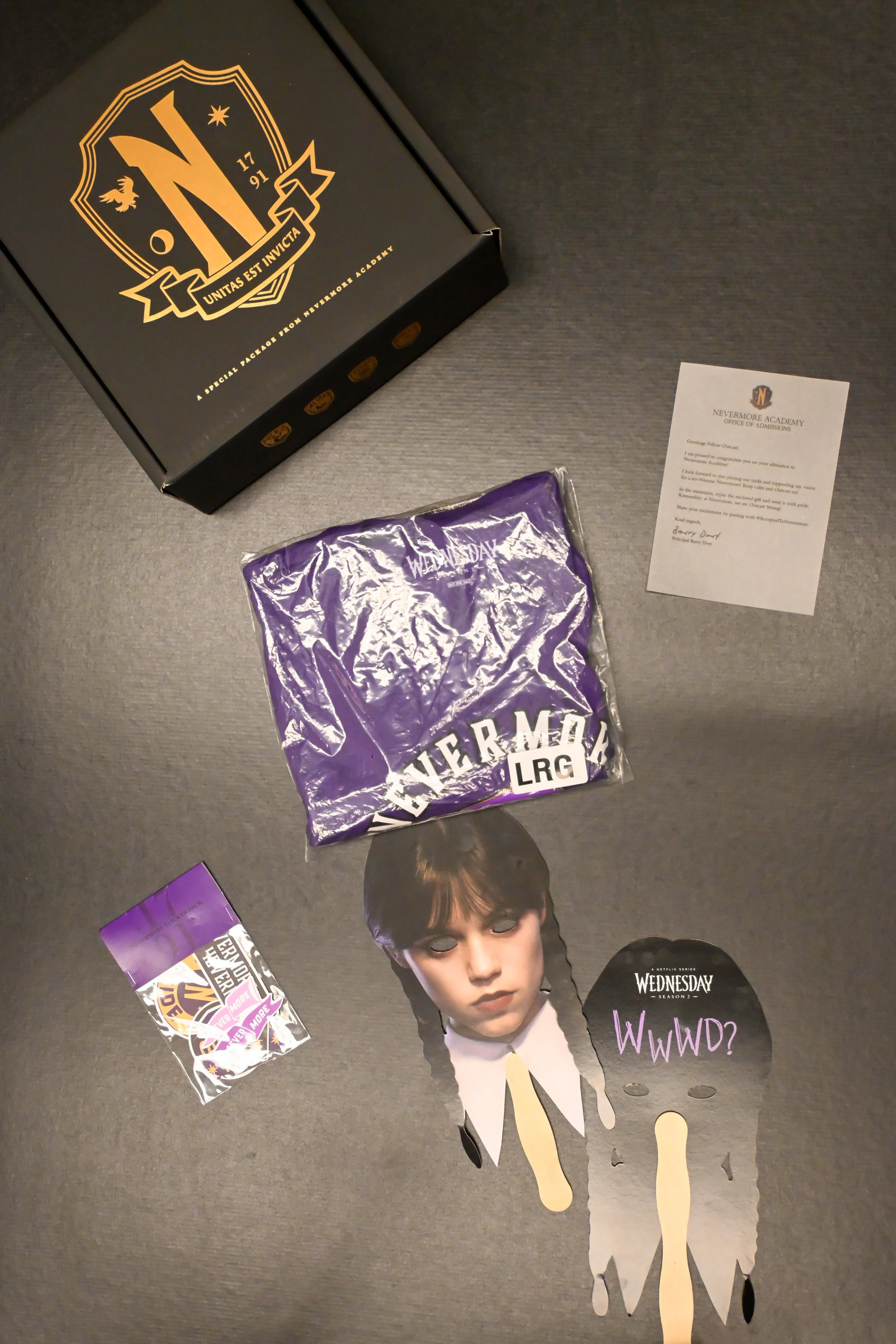 Custom-made PR box for Netflix's Wednesday series, with foil accents and printed on soft touch, matte material.