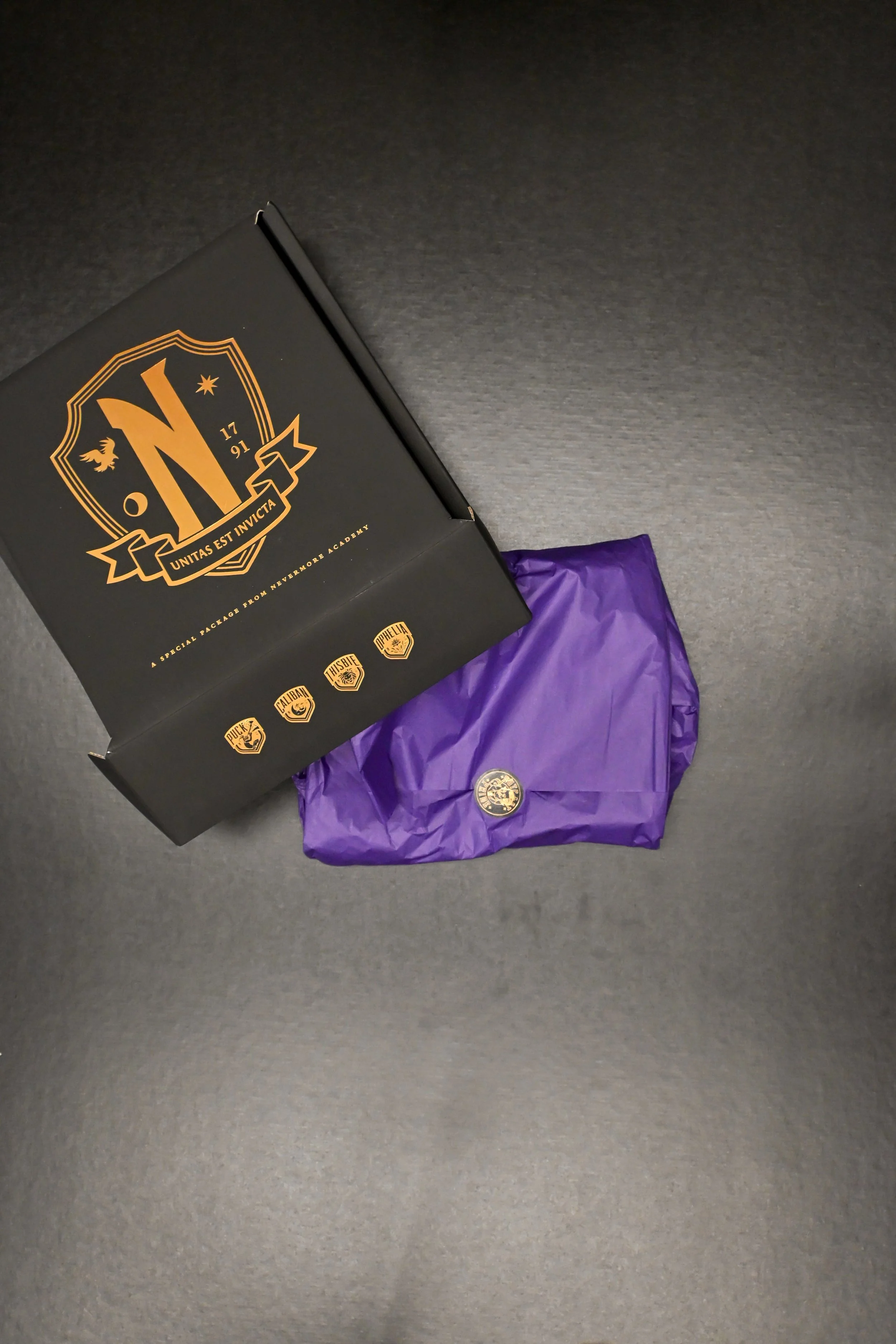Custom-made PR box for Netflix's Wednesday series, with foil accents and printed on soft touch, matte material.