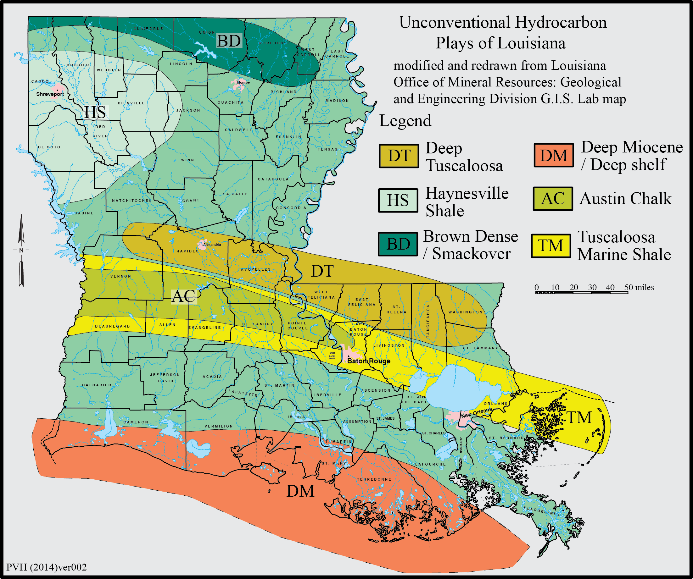 Map of Louisiana showing unconventional hydrocarbon plays, including Deep Tuscaloosa in yellow across the southern region, Deep Miocene in orange along the Gulf coast, Haynesville Shale in light green in the northern region, Austin Chalk in lime green in central Louisiana, and Brown Dense/Smackover in dark green in the northwest. The map also indicates Baton Rouge and New Orleans, with a legend explaining different geological formations.