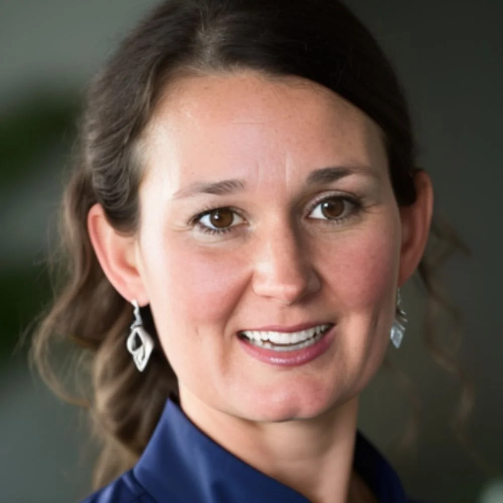 Close-up of a smiling woman with brown hair and earrings, wearing a blue top, against a blurred background in Midland, Texas.
