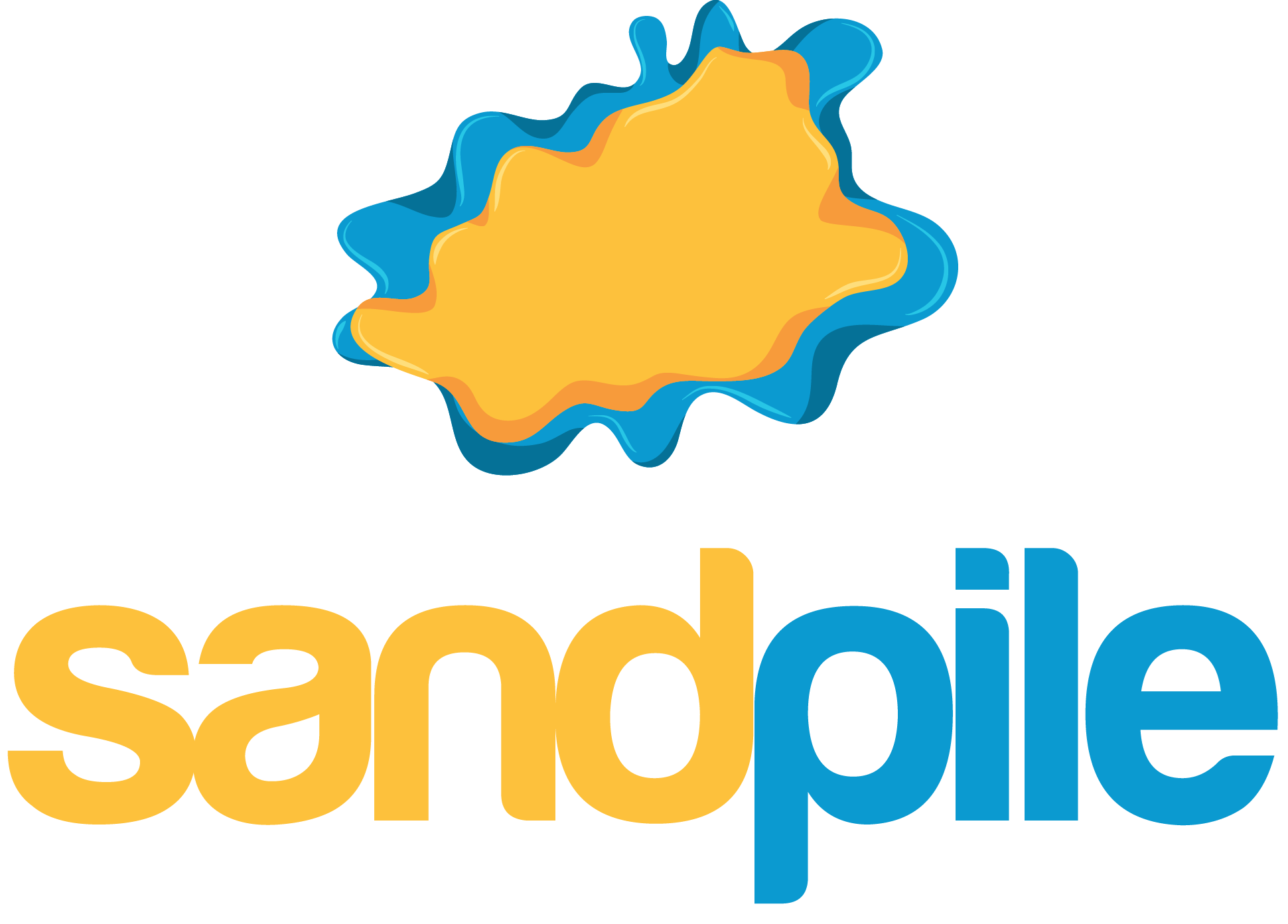 Logo for 'Sandpile' featuring a stylized sand pile with blue edges and the word 'sandpile' in yellow and blue text