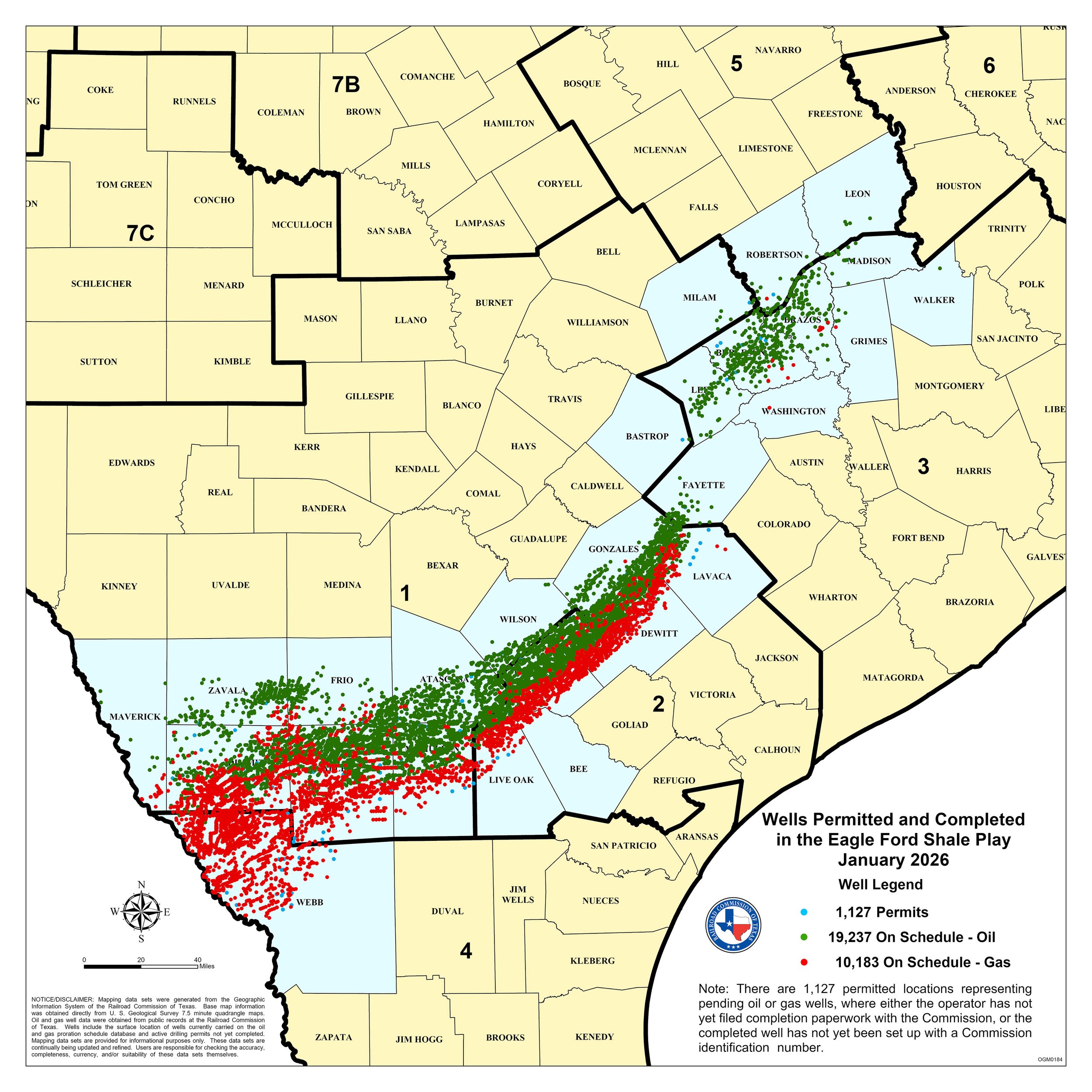 Map of Texas showing permitted and completed eagle ford shale play wells as of January 2026. The map includes county boundaries, well permits (blue dots), oil on schedule (green dots), and gas on schedule (red dots).