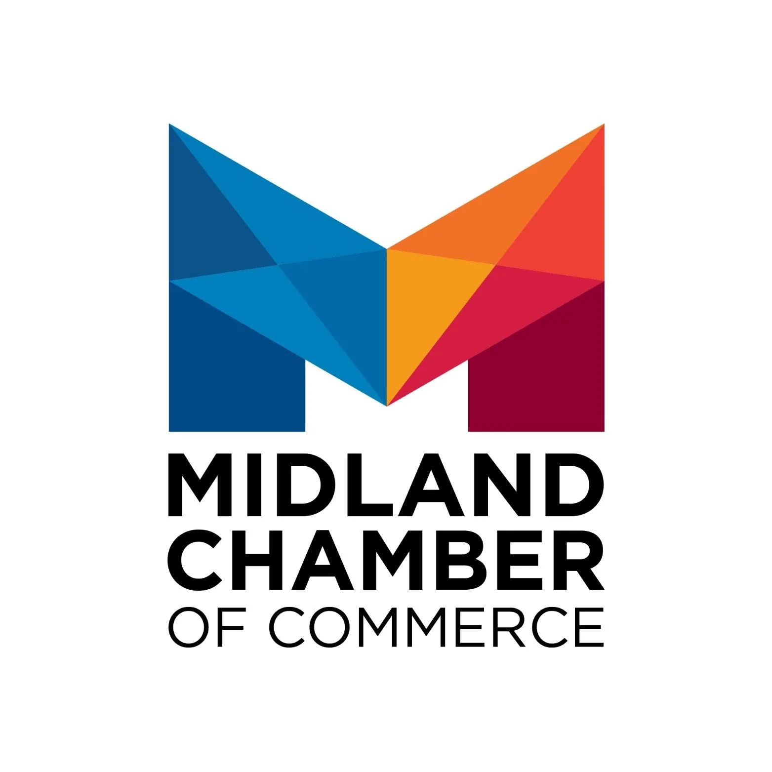 Logo of Midland Chamber of Commerce featuring a stylized 'M' made of colorful geometric shapes in blue, orange, red, and purple.