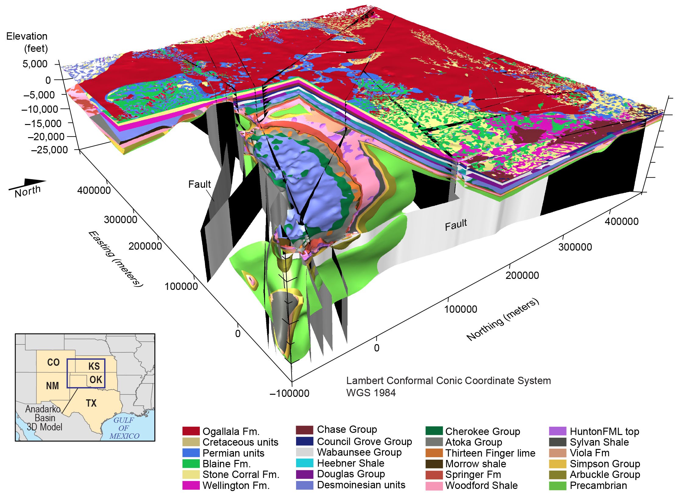 3D geological map showing various rock formations and fault lines in Oklahoma, with elevation contours and a key listing rock units and formations.