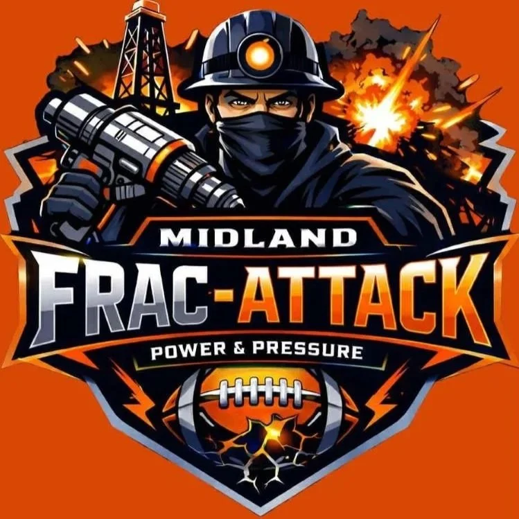 A warrior with a helmet and face mask holding a gun in front of an explosion. The background features an oil rig. The text reads 'Midland Frac-Attack Power & Pressure' with a football graphic at the bottom.