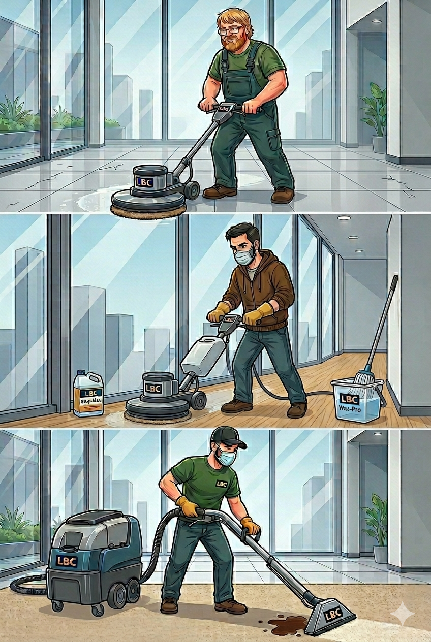 Three cartoon janitors cleaning different floors in a modern office building: first man polishing tiles, second man cleaning floors with a floor machine, third man vacuuming carpet with a carpet cleaner.
