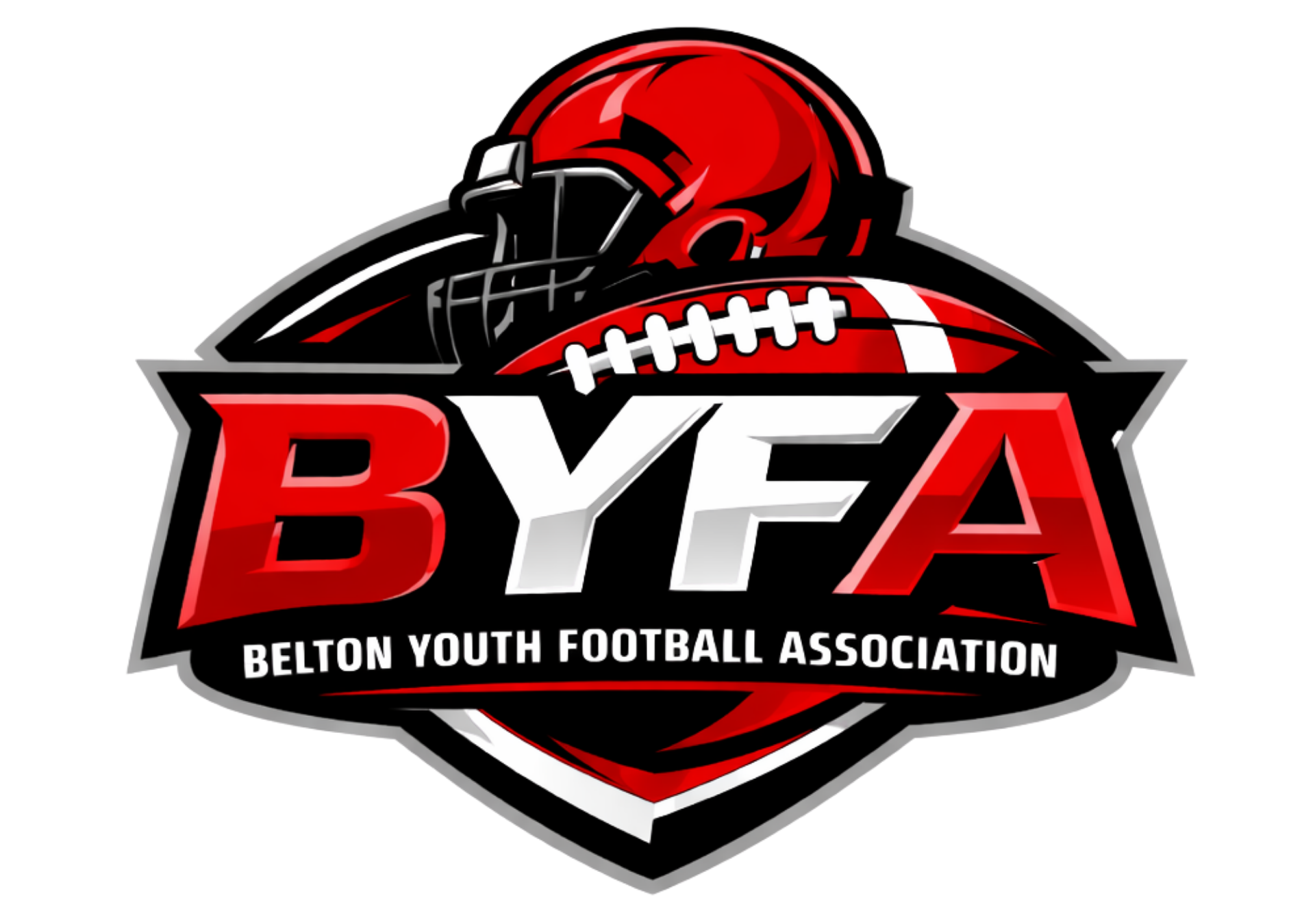 Logo of the Belton Youth Football Association featuring a football helmet, a football, and a shield with the text 'BYFA' and 'Belton Youth Football Association'.