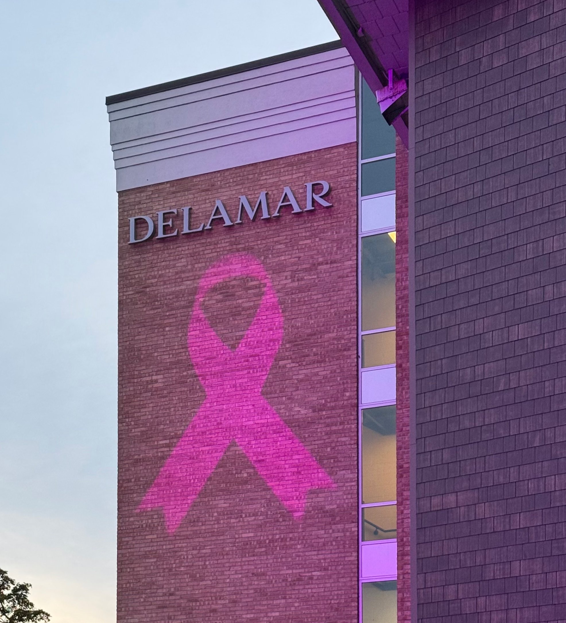 Delamar Hotel in Traverse City, exterior lighting projection of breast cancer pink ribbon for Raise a Rose event, Bon Jovi sponsored. Gobo lens projecting any display onto historical and architectural features.
