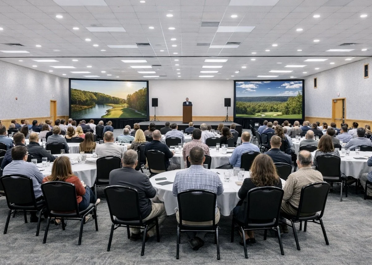 Treetops Resort convention center, conference room filled with people seated at round tables listening to a speaker at a lectern. The room has two large screens, podium, stage, and speakers supporting the conference.