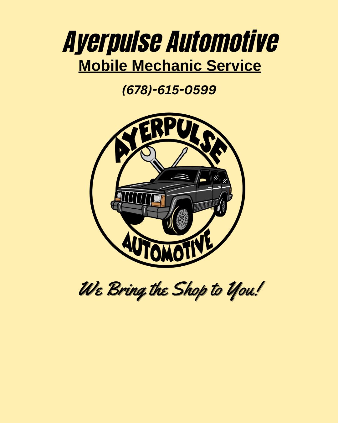 Flyer for Ayerpulse Automotive with a black SUV and tools in a logo, phone number, and slogan