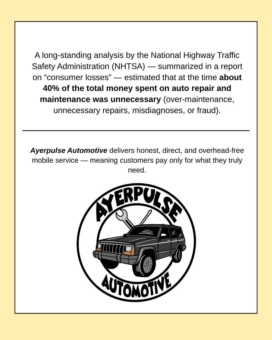 A report summary about automotive maintenance costs, highlighting that about 40% of money spent on auto repair was unnecessary. Contains the logo of Ayerpulse Automotive, featuring a black SUV with a wrench and screwdriver in the background.