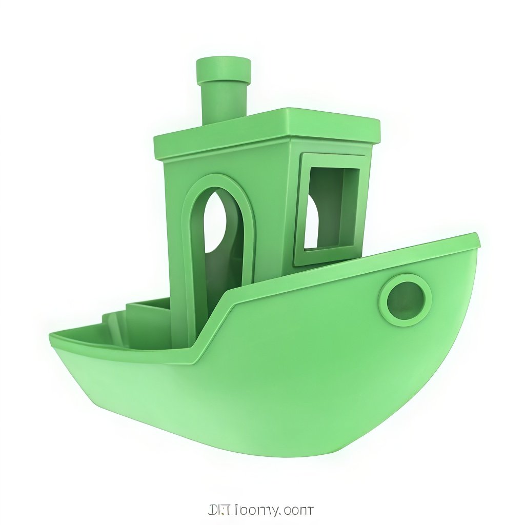 A green toy boat with a chimney and cut-out windows.