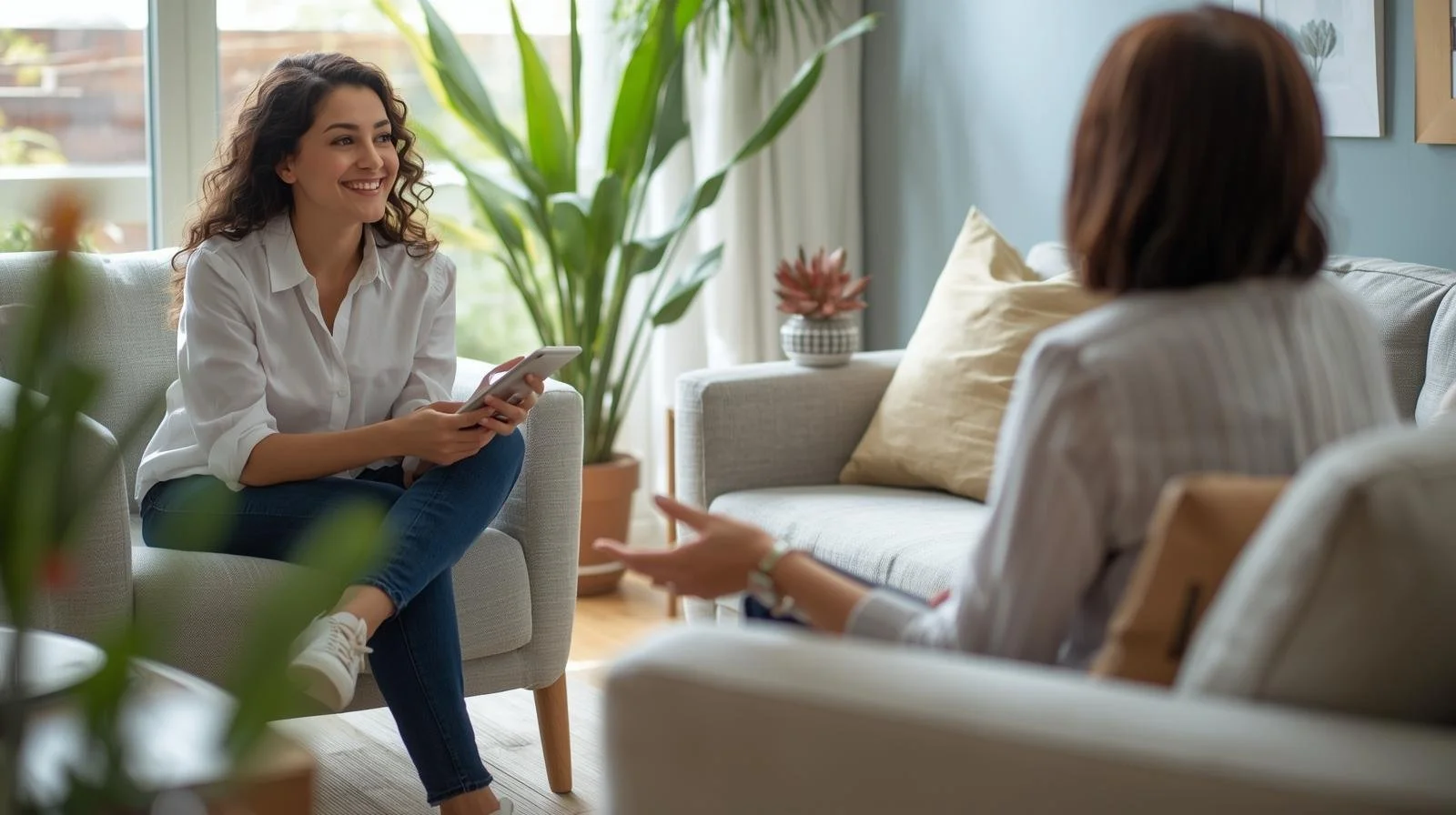 Two women having a conversation in a living room with natural light, plants, and comfortable furniture.