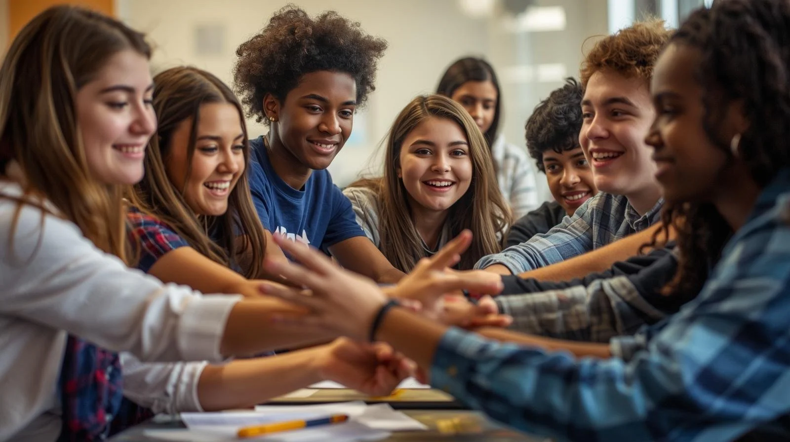 A diverse group of young students team-building by placing hands together on a table, smiling and engaging in a group activity in a classroom.