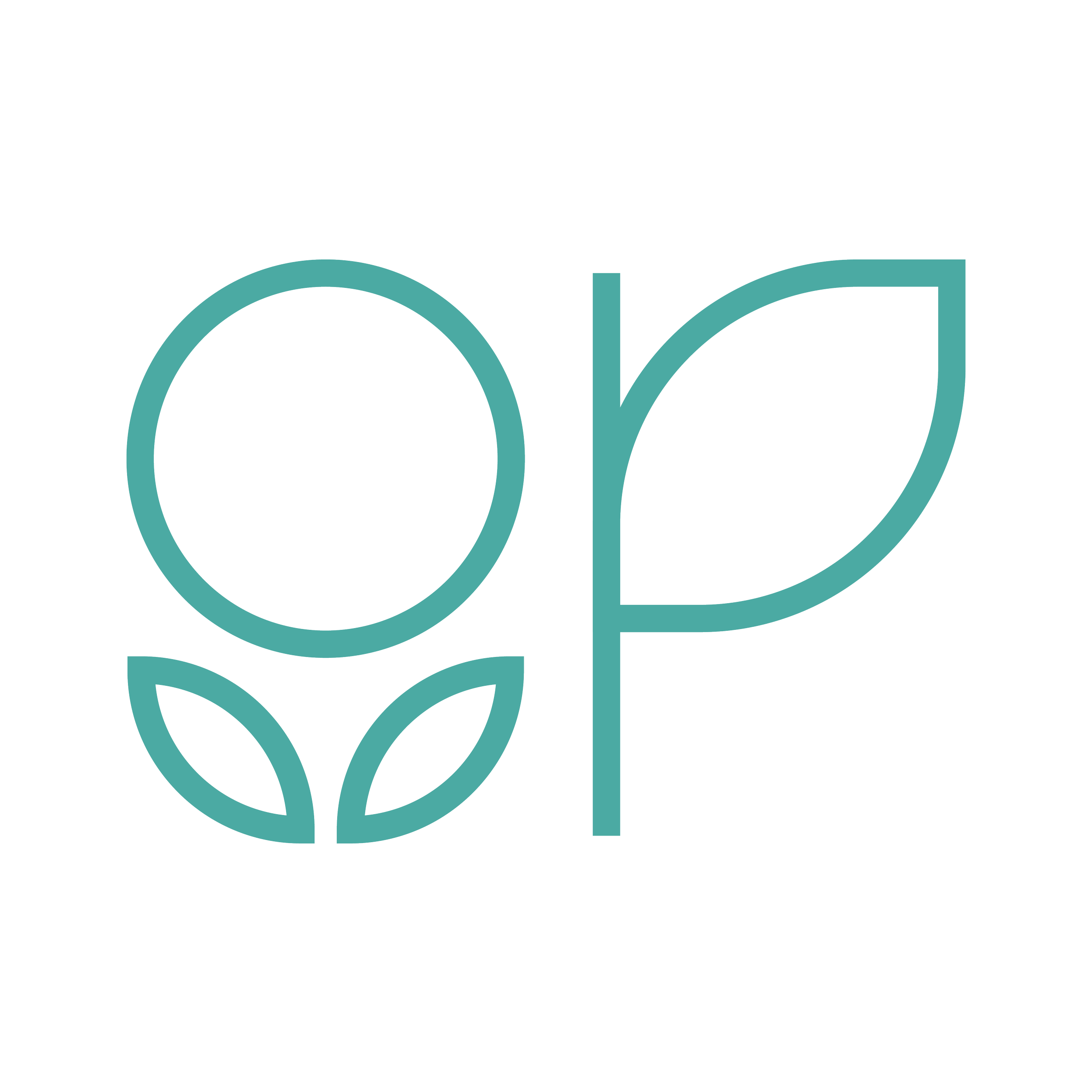 Logo avec un cercle et deux feuilles stylisées formant le mot 'Op' en ligne avec un style épuré.