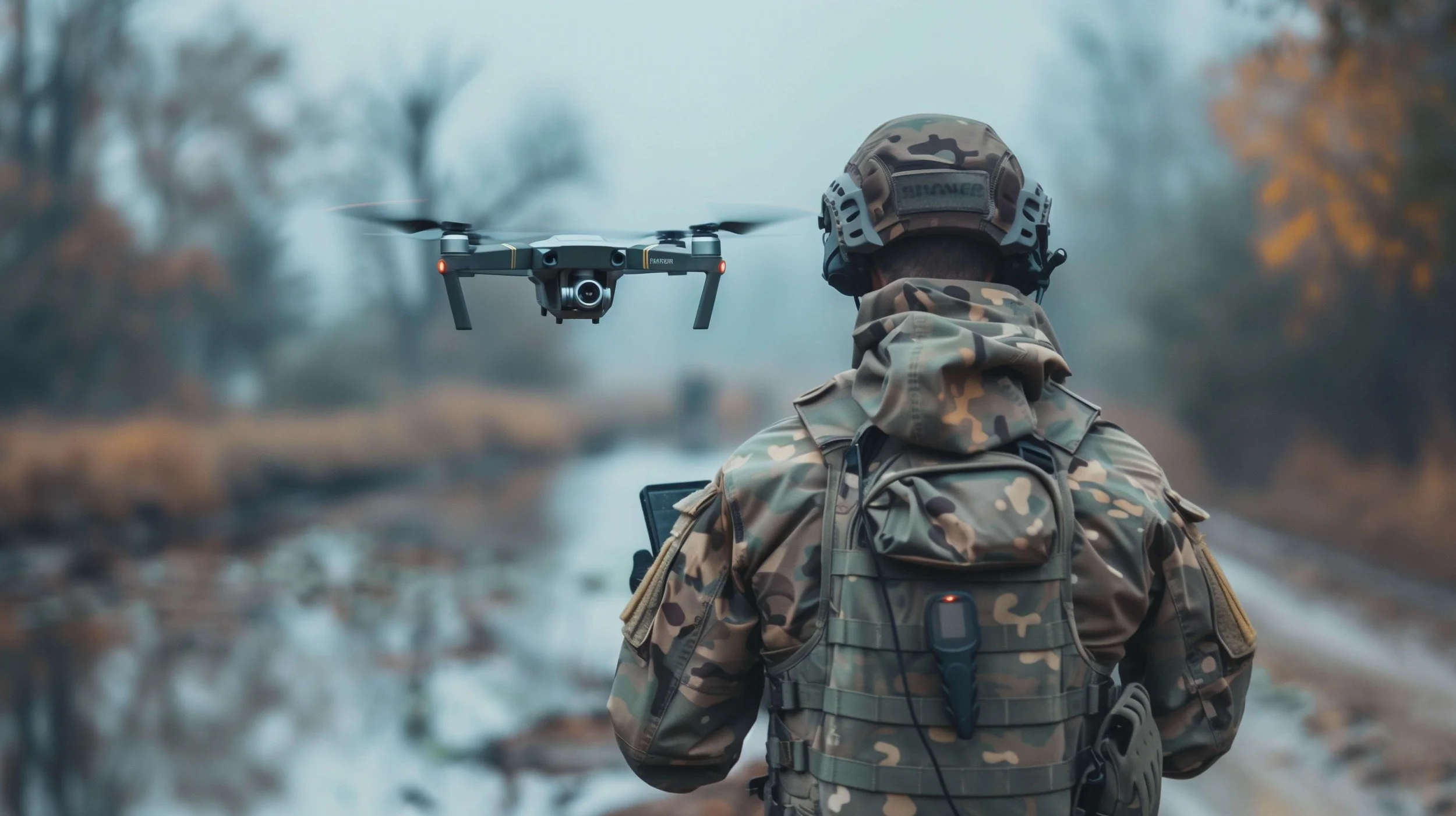 A soldier in camouflage military gear operating a drone outdoors on a foggy day near a water body with trees in the background.