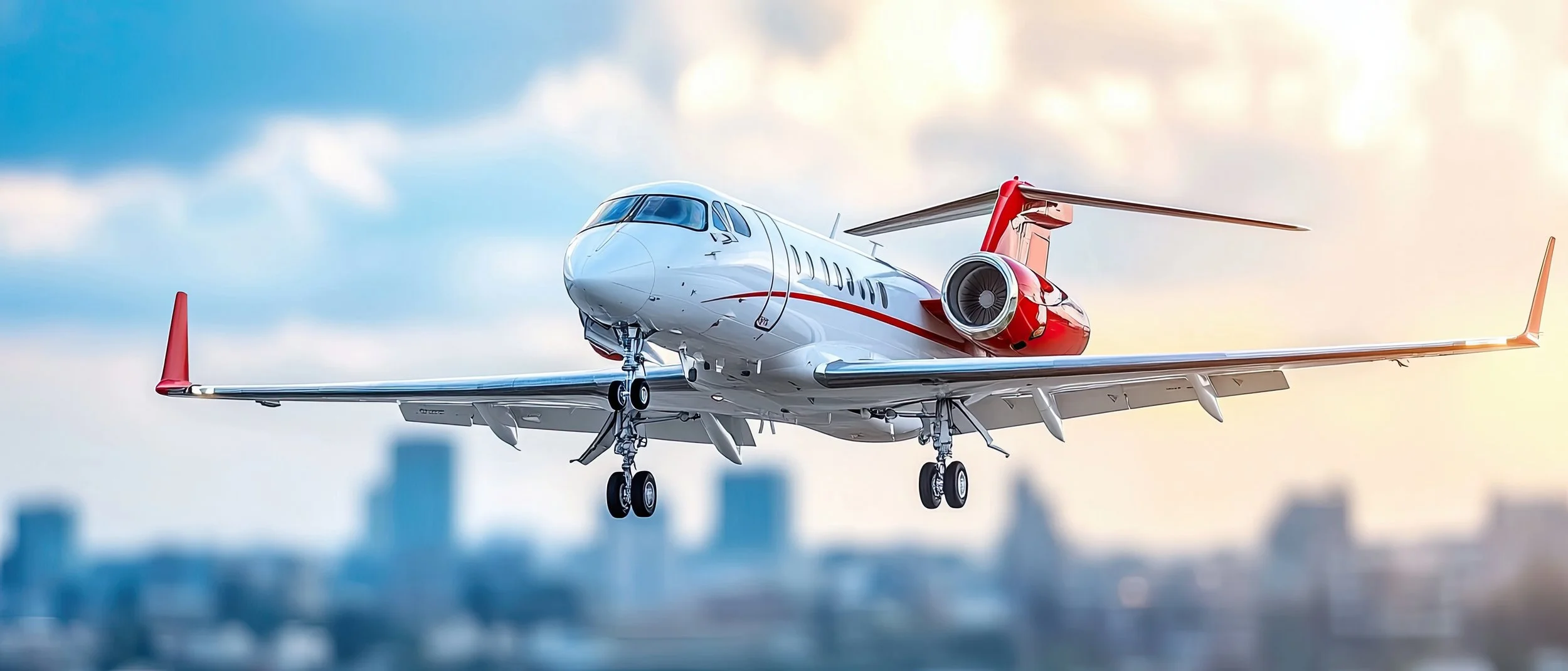 A modern private jet airplane flying in the sky with a city skyline in the background during sunset.
