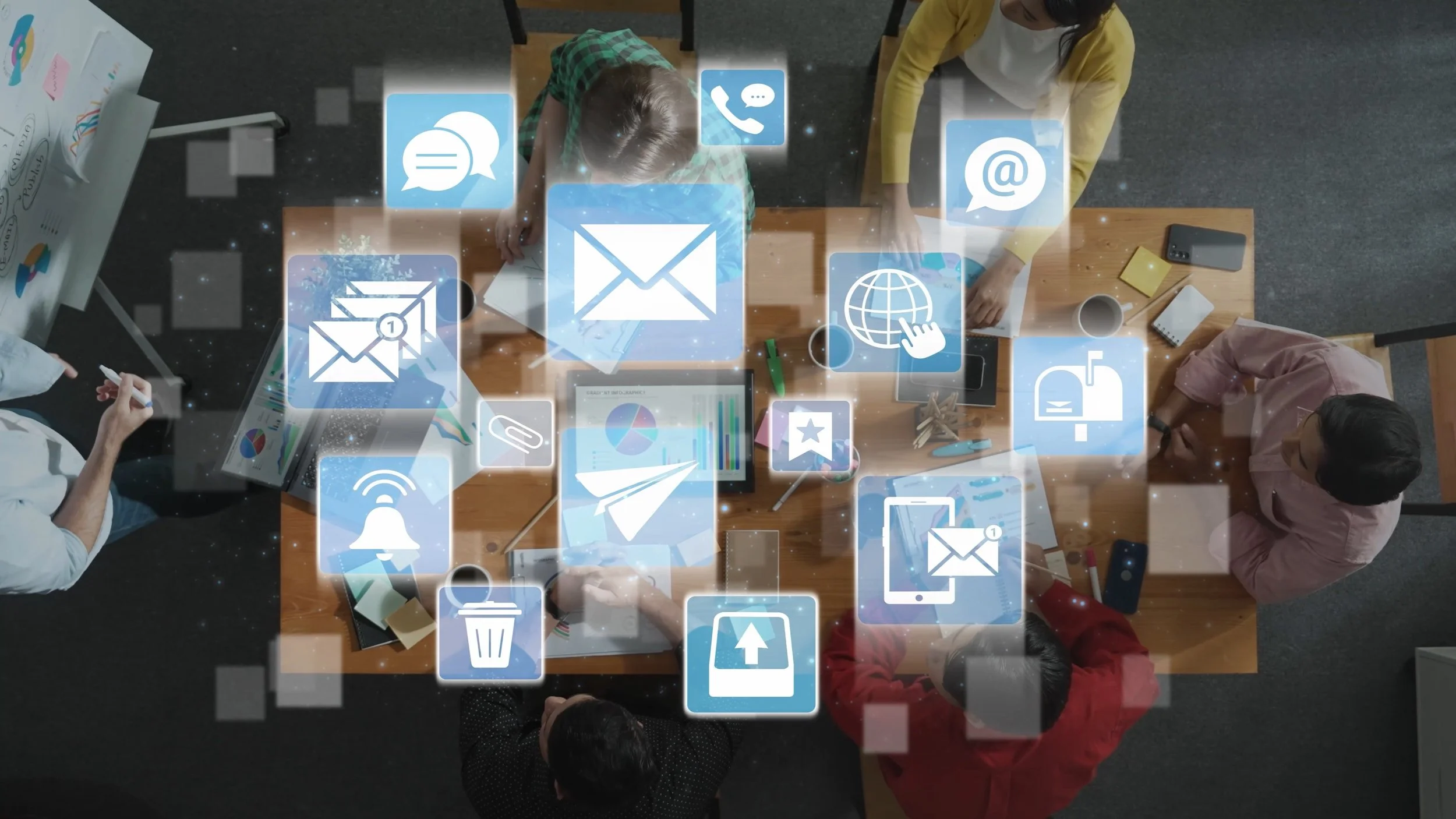 Overhead view of a team meeting around a wooden table with digital communication and email icons floating above, including envelopes, a globe, a paper airplane, and notification symbols.