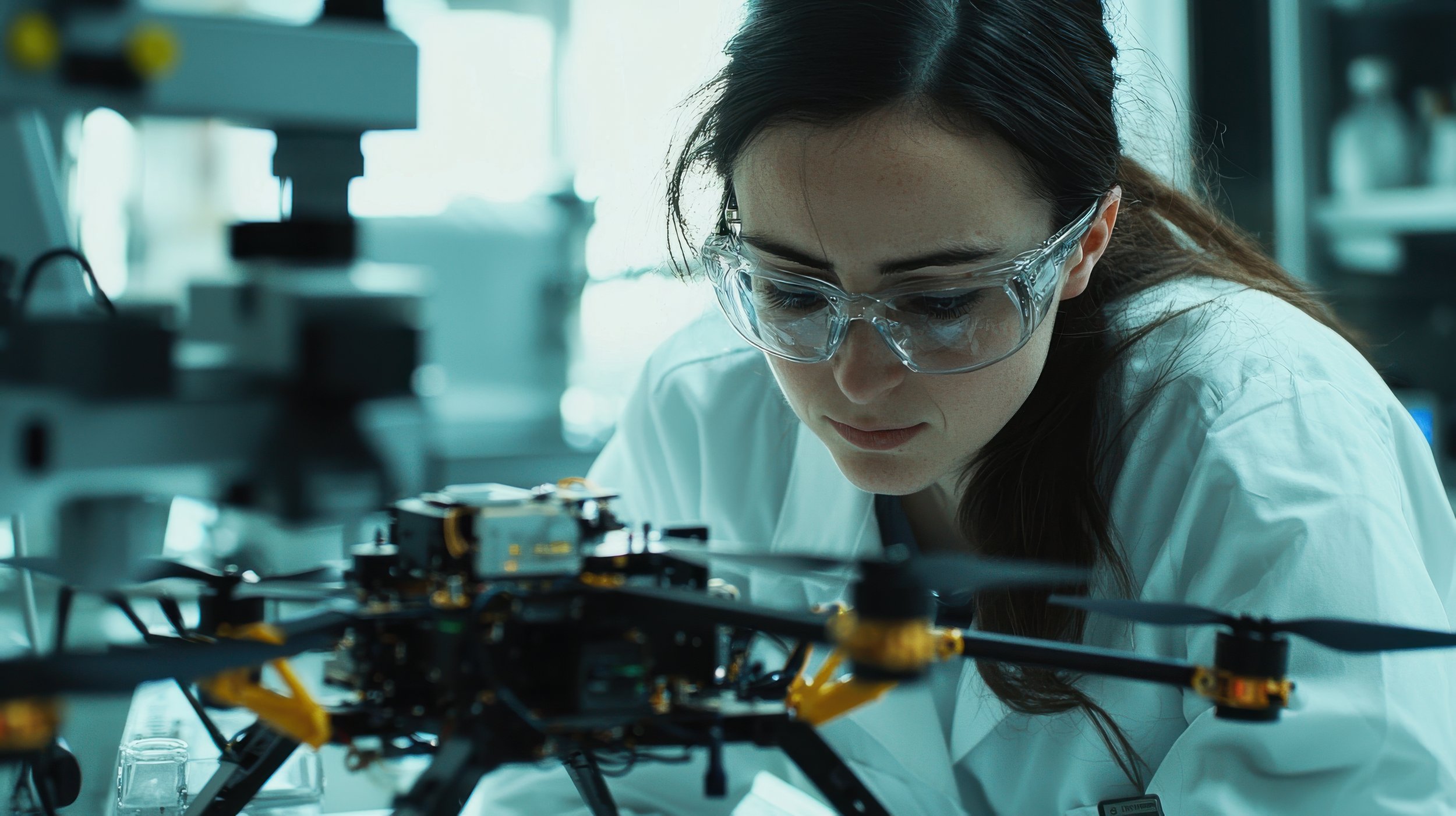 A woman in safety glasses and a lab coat working on a drone or robotic device in a laboratory setting.