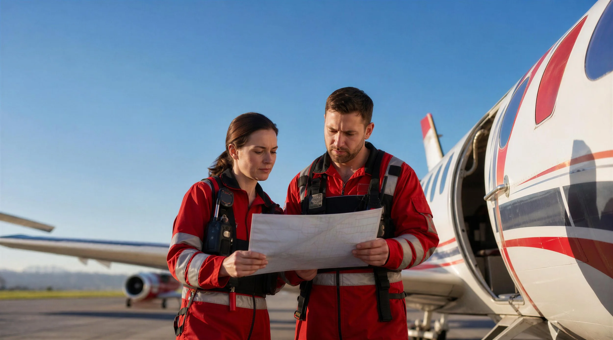 Two rescue workers in red uniforms look at a map in front of a helicopter on an airport tarmac.