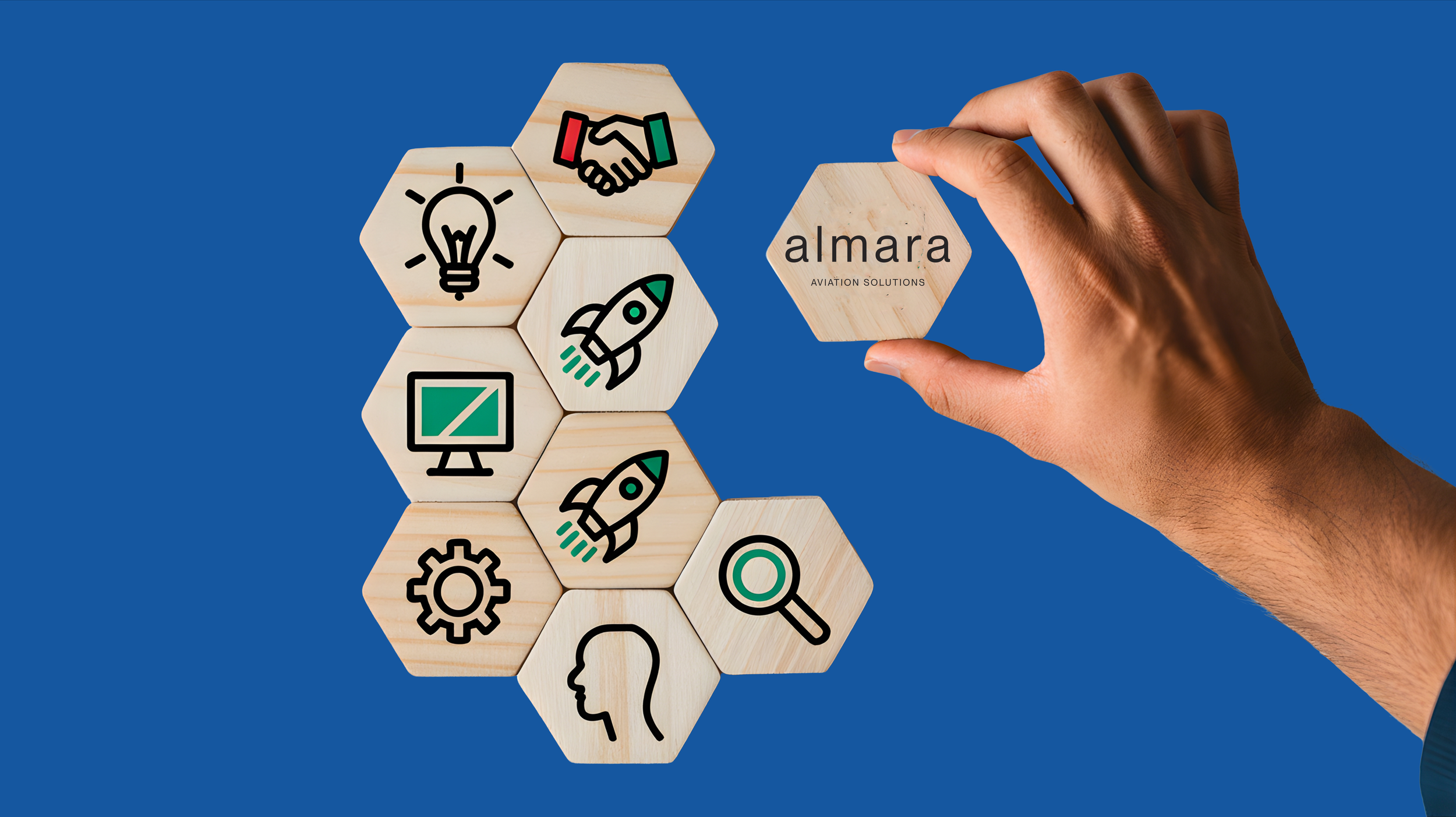 A hand holding a wooden hexagon with the logo 'almara AVIATION SOLUTIONS' near a cluster of other wooden hexagons with icons including a handshake, light bulb, computer monitor, gears, magnifying glass, two rockets, and a human head silhouette, set against a blue background.