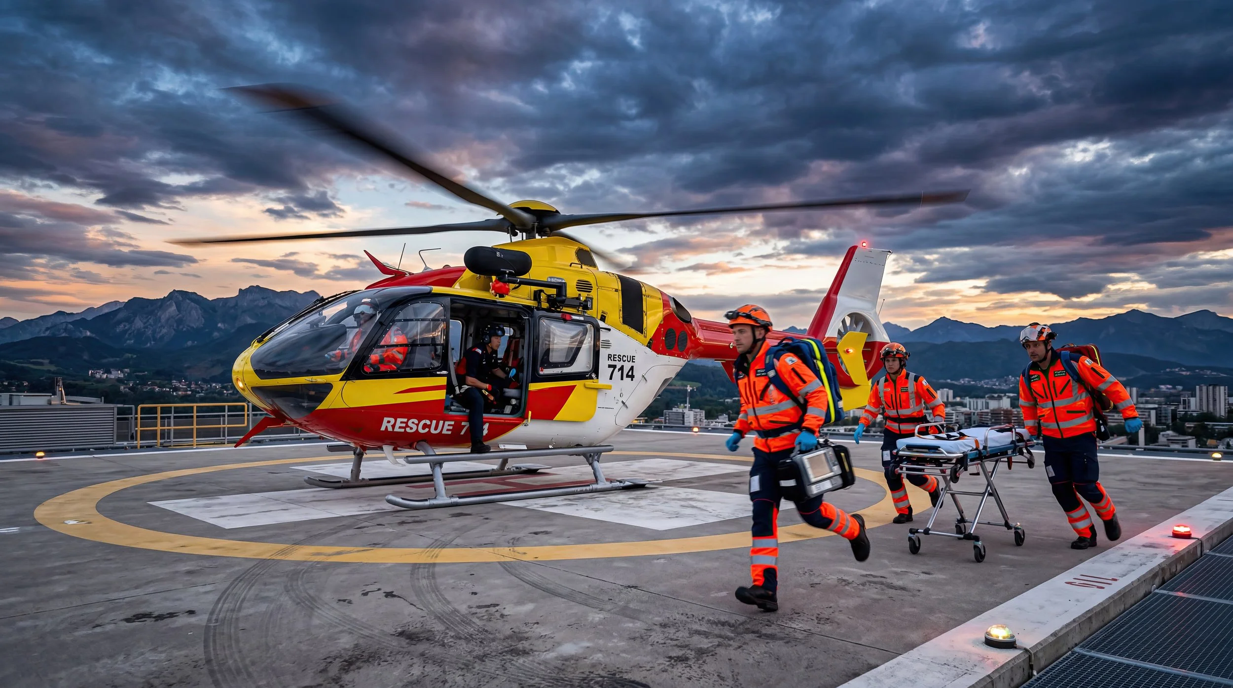 Emergency rescue team members in safety gear transporting a patient on a stretcher towards a rescue helicopter on a helipad at sunset, with mountains and city buildings in the background.