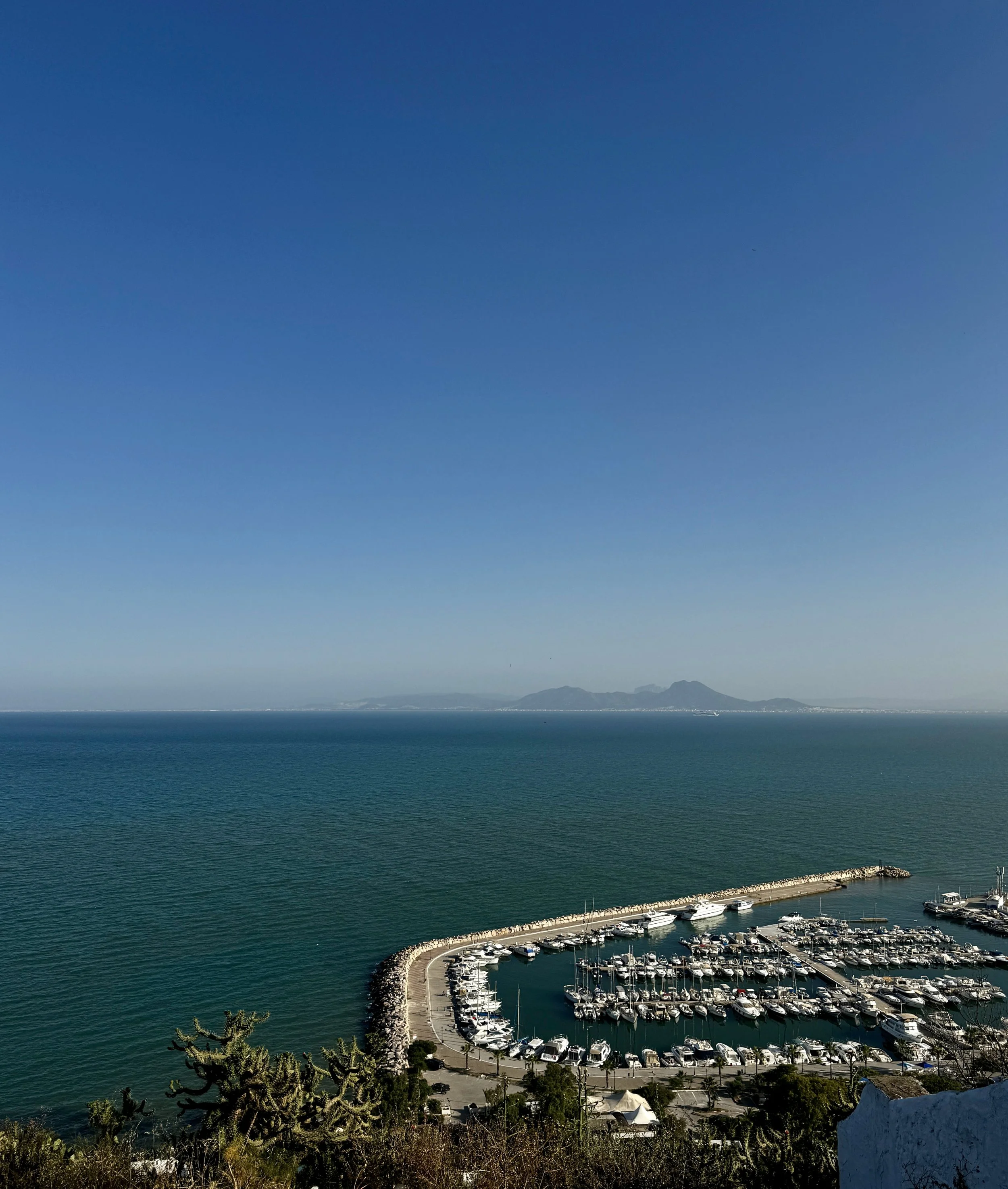 A marina with numerous boats docked along a curved pier extends into calm green waters. The coastline features rocky barriers and some buildings, with a mountainous landscape in the background under a clear blue sky.