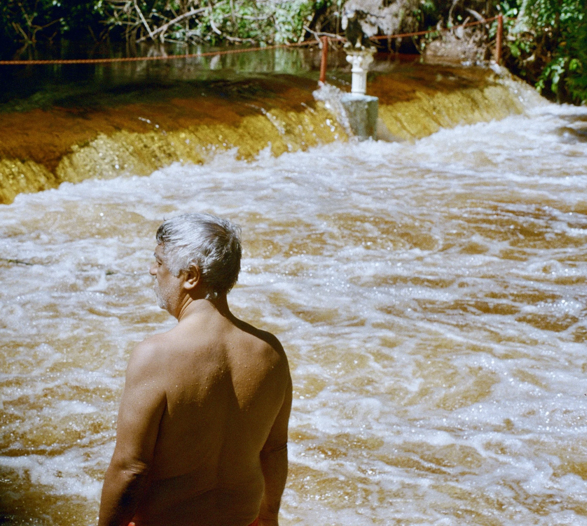 A young child with wet hair swimming in a river or stream with rushing water, surrounded by natural greenery.