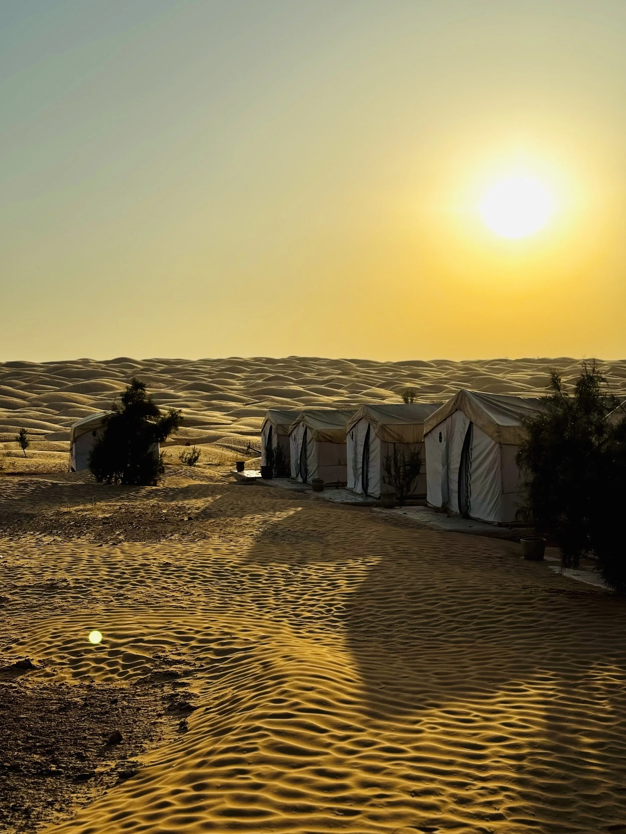 Desert landscape with sand dunes, tents, and some trees, illuminated by a bright sun in the sky.