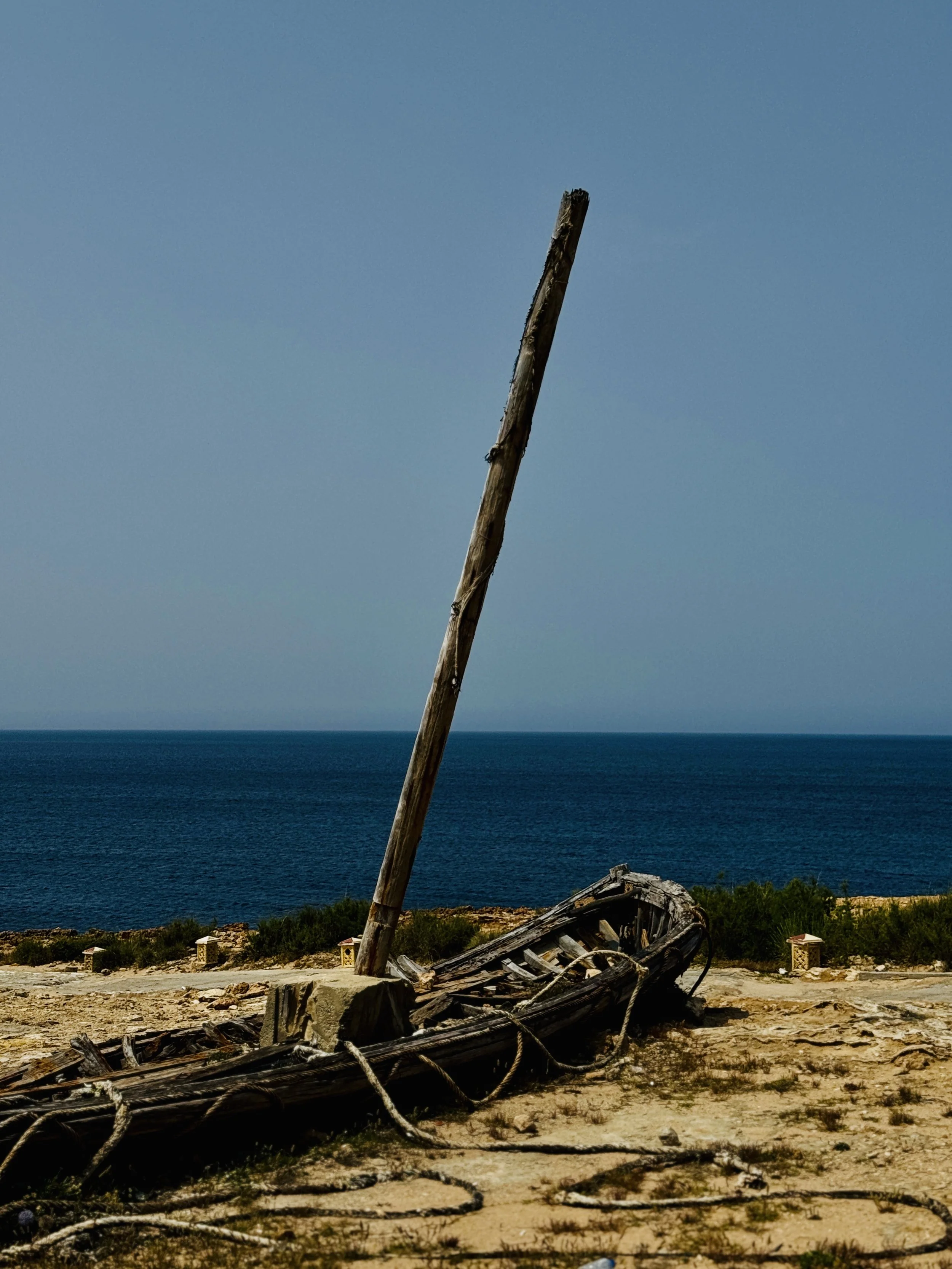 A fallen, weathered wooden boat and a large broken tree trunk on a sandy beach with sparse vegetation, overlooking the ocean under a clear blue sky.
