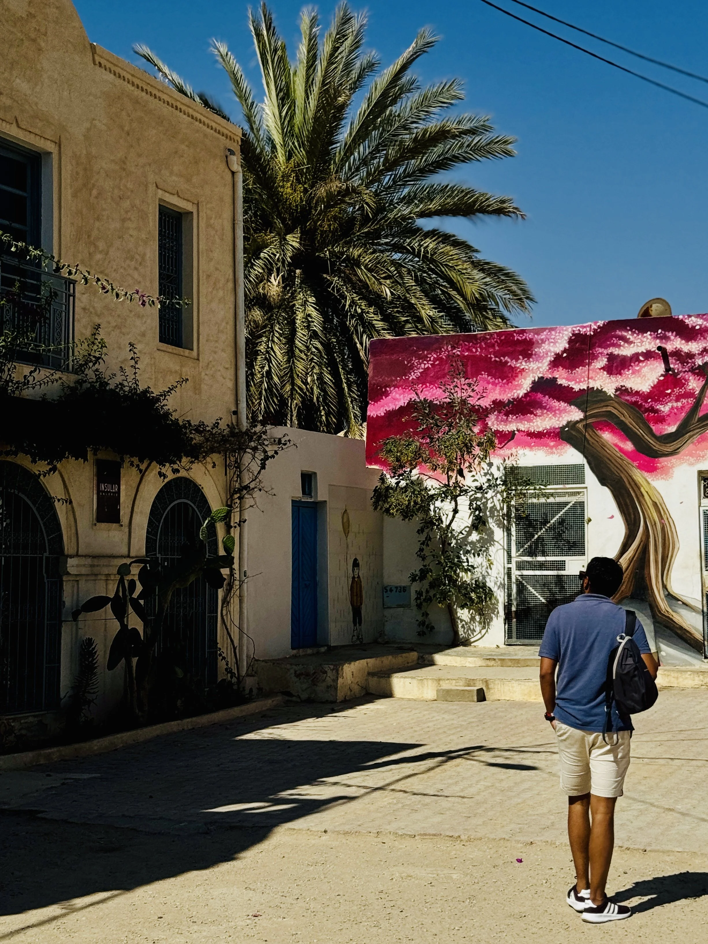 A man walking outdoors on a sunny day, wearing a blue shirt, beige shorts, and carrying a black backpack, with a large pink and black abstract mural, palm trees, and a beige building in the background.