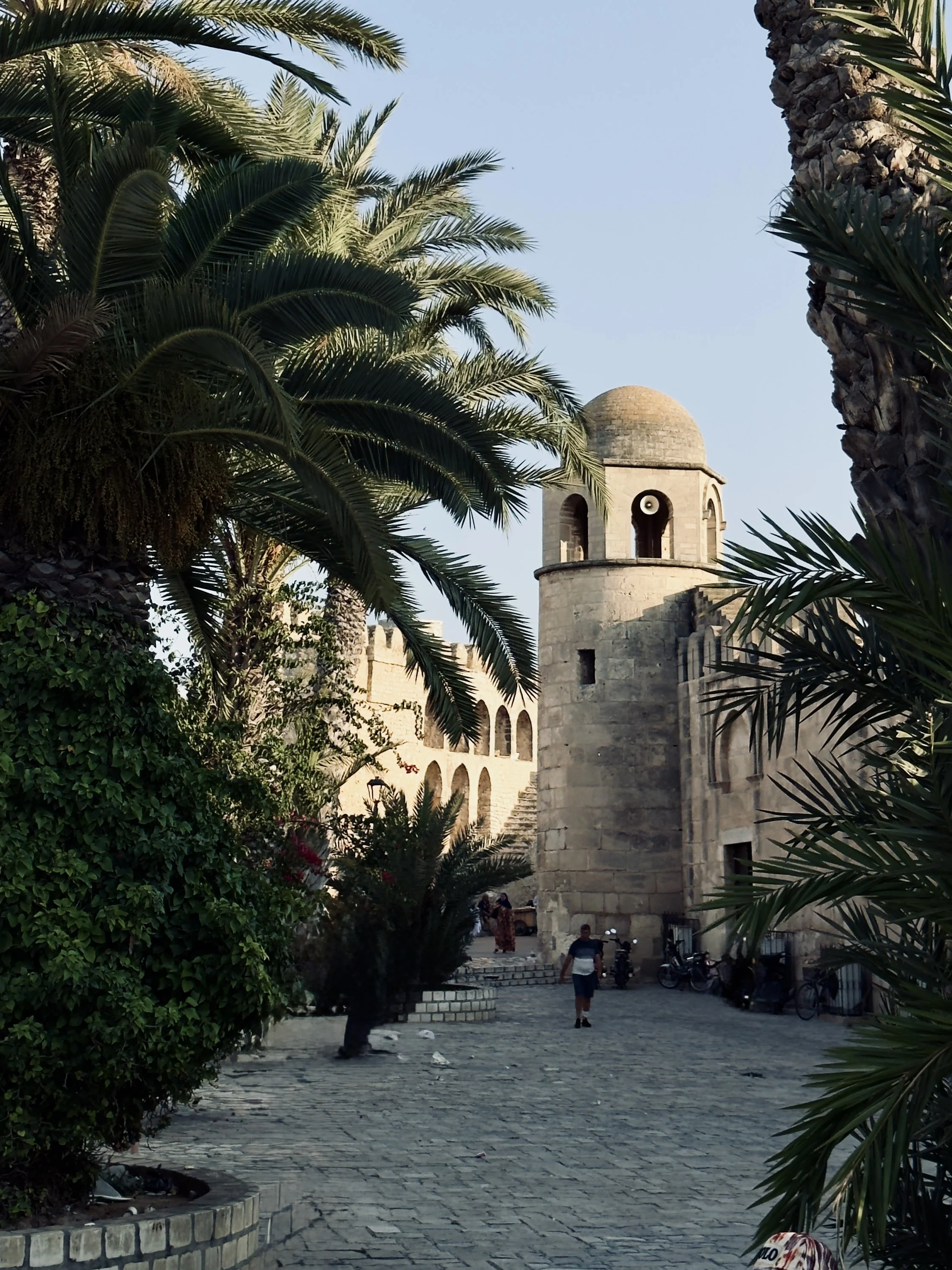 A historical stone tower with a rounded top and arched windows, surrounded by palm trees and greenery, with a cobblestone pathway and people walking around.