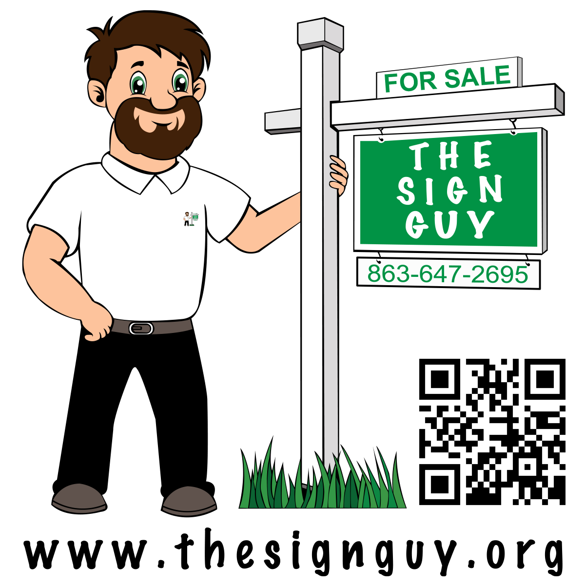 Cartoon man with brown hair and beard in a white polo shirt standing next to a for sale sign for a property, displaying a phone number. CENTRAL FLORIDA REAL ESTATE SIGNPOST INSTALLATION. Servicing Polk, Hillsborough, Pinellas, Pasco, Hernando County