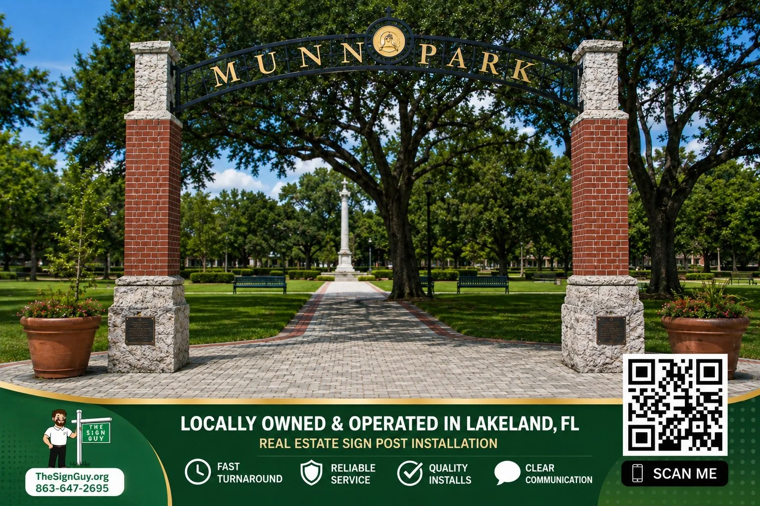 The entrance to Munn Park with a brick and stone archway, trees, benches, and a monument in the background, as well as a sign indicating the park is locally owned and operated in Lakeland, FL, including a QR code for more information.