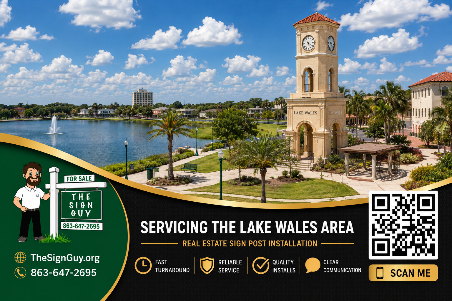 A scenic lakeside scene with a clock tower labeled 'Lake Wales' in the foreground, surrounded by palm trees, benches, and a fountain on the lake, under a partly cloudy sky.