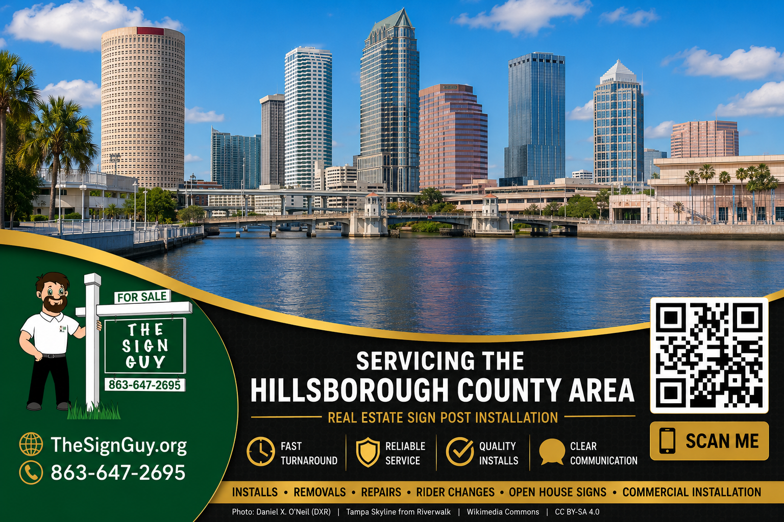 An advertisement for The Sign Guy, a real estate sign post installation service, with a city skyline featuring tall buildings and a river in the foreground. The ad includes the company's logo, contact information, and a QR code with a 'Scan Me' prompt.