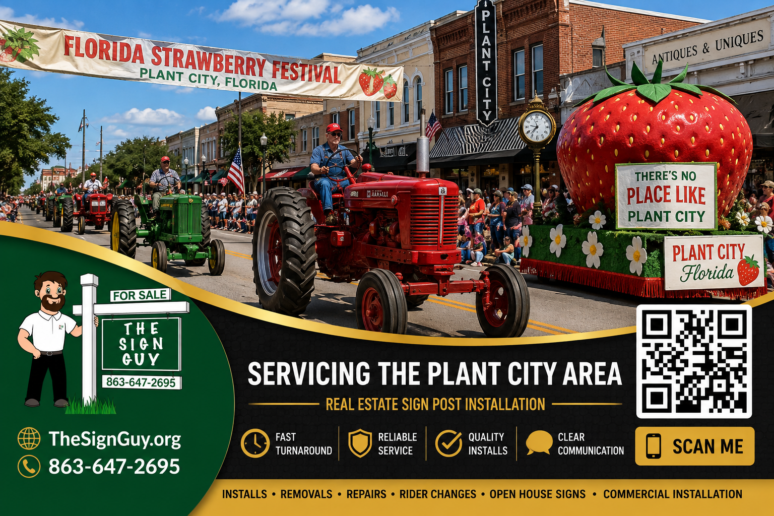 A parade on a main street in Plant City, Florida, celebrating the Florida Strawberry Festival with tractors, floats, and a crowd of spectators. The floats include a large strawberry decoration with signs promoting Plant City.
