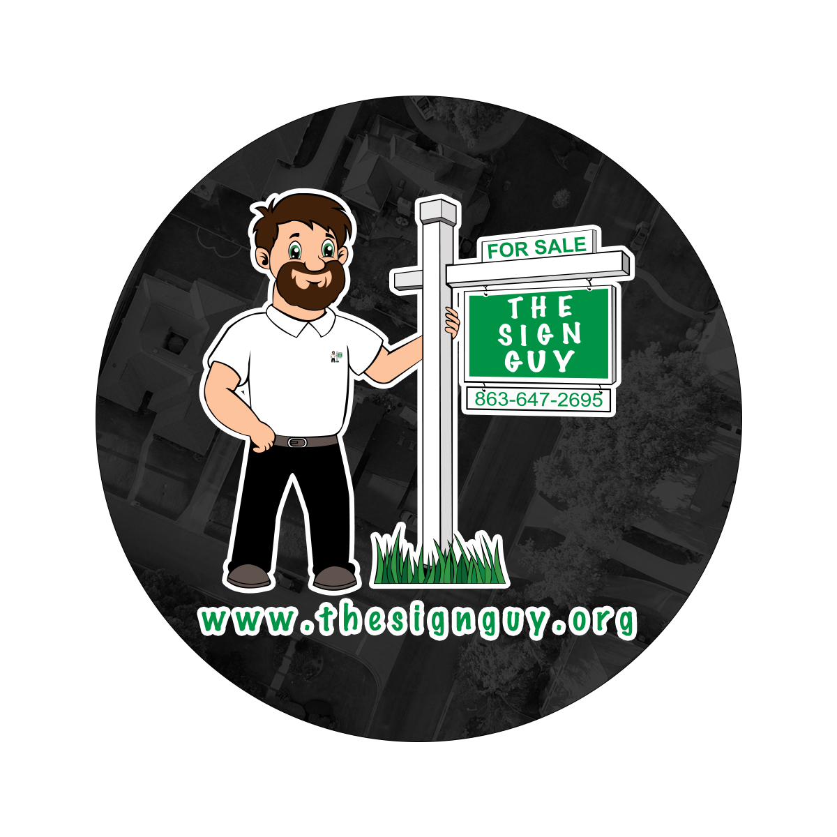 Cartoon man with brown hair and beard in a white polo shirt standing next to a for sale sign for a property, displaying a phone number. CENTRAL FLORIDA REAL ESTATE SIGNPOST INSTALLATION. Servicing Polk, Hillsborough, Pinellas, Pasco, Hernando County
