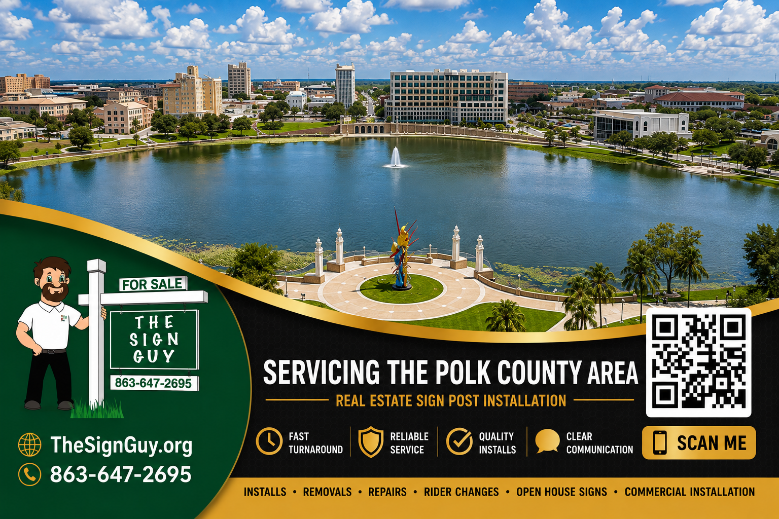 An advertisement overlay for The Sign Guy, a real estate sign post installation service, with a background showing a cityscape including a pond, fountain, and sculptures in Polk County.