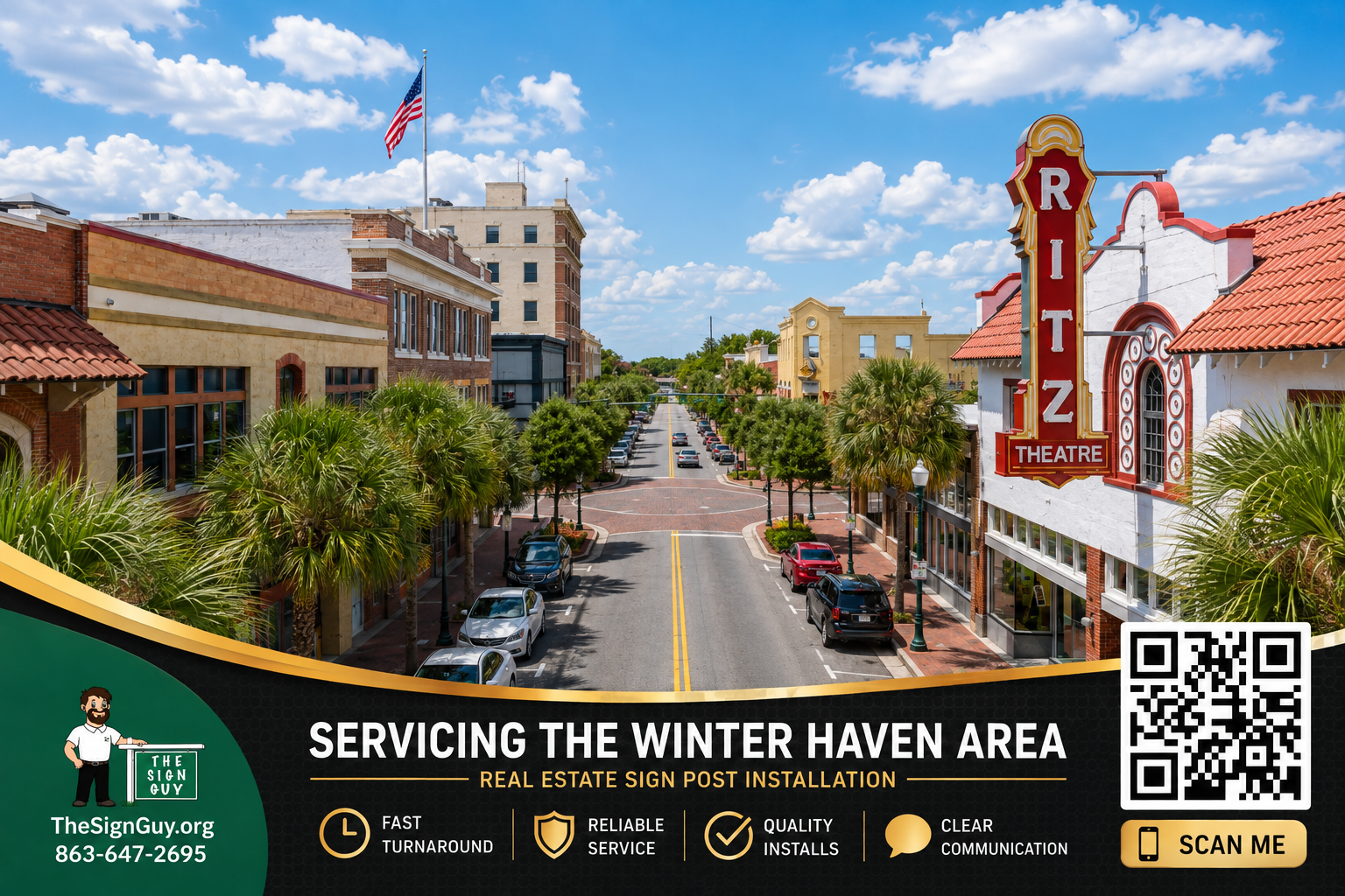 A historic downtown winter haven with Ritz Theatre and well-maintained landscaping in Winter Haven, Florida, under a blue sky with scattered clouds. A real estate sign in the foreground indicates the business is locally owned and operated.
