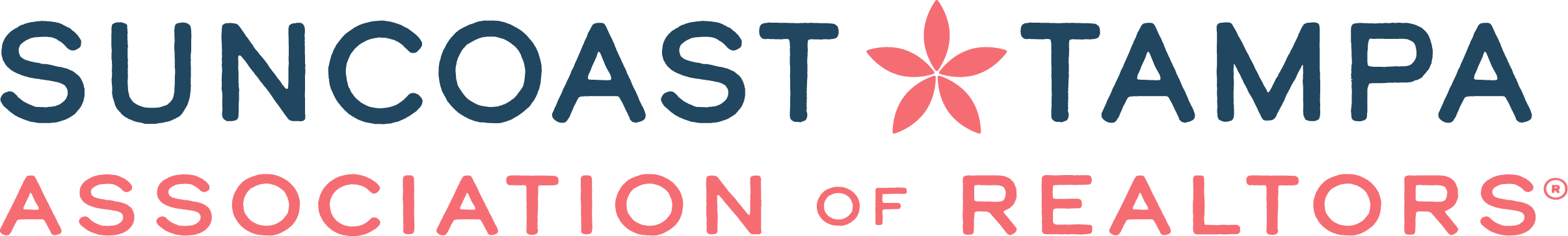 Logo of Suncoast Tampa Association of Realtors, with the words 'Suncoast Tampa' in blue and pink, and a pink flower replacing the 'O' in 'Suncoast'