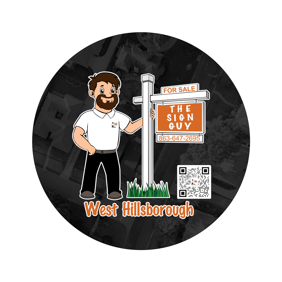 Cartoon man with brown hair and beard in a white polo shirt standing next to a for sale sign for a property, displaying a phone number. CENTRAL FLORIDA REAL ESTATE SIGNPOST INSTALLATION. Servicing Polk, Hillsborough, Pinellas, Pasco, Hernando County