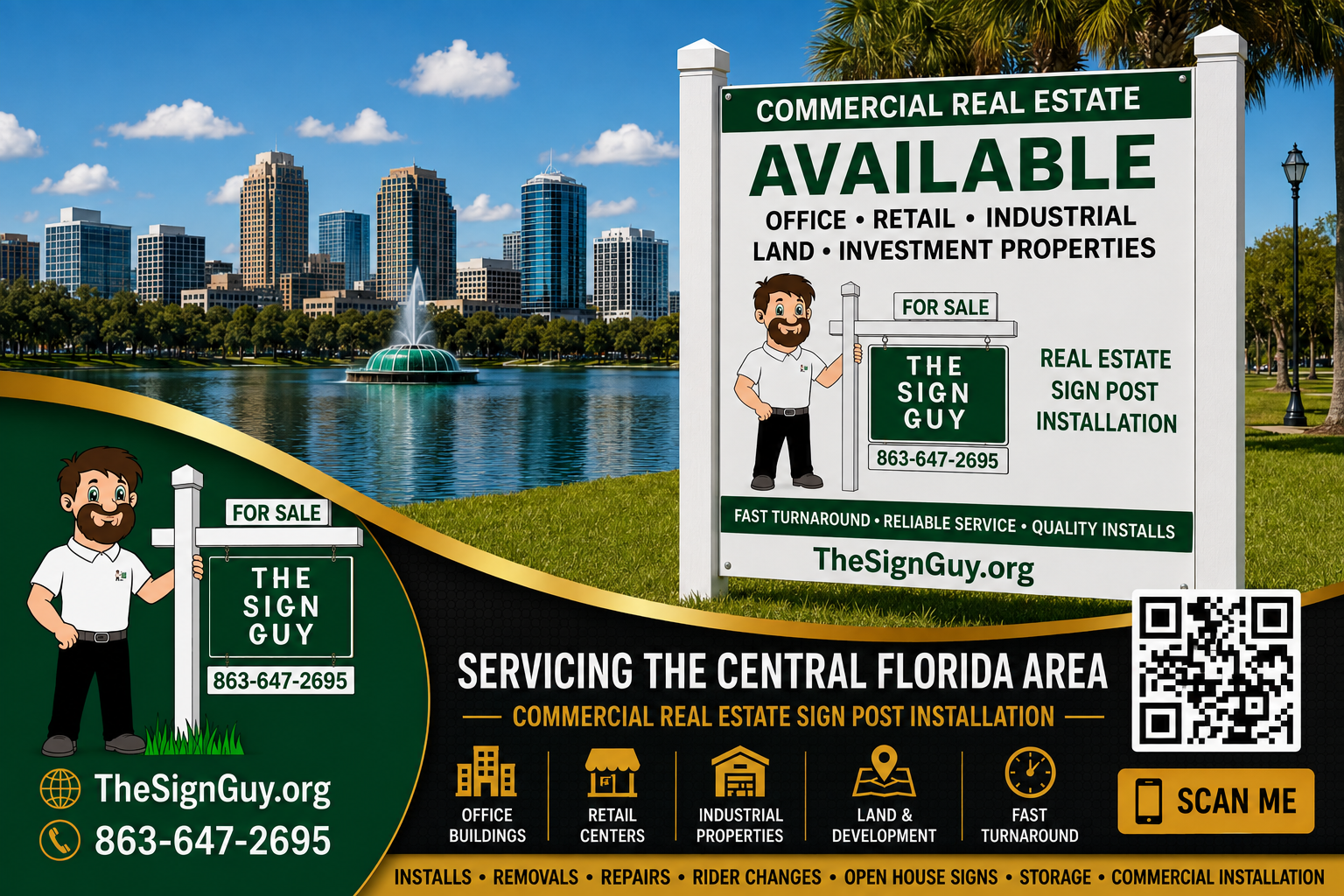 A decorative commercial real estate sign promoting availability of office, retail, industrial land, and investment properties in Central Florida, with contact information and a QR code, set against a cityscape with a lake and fountain.