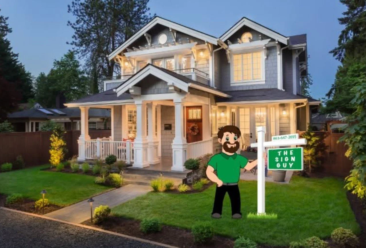 Cartoon man with brown hair and beard in a white polo shirt standing next to a for sale sign for a property, displaying a phone number. CENTRAL FLORIDA REAL ESTATE SIGNPOST INSTALLATION. Servicing Polk, Hillsborough, Pinellas, Pasco, Hernando County