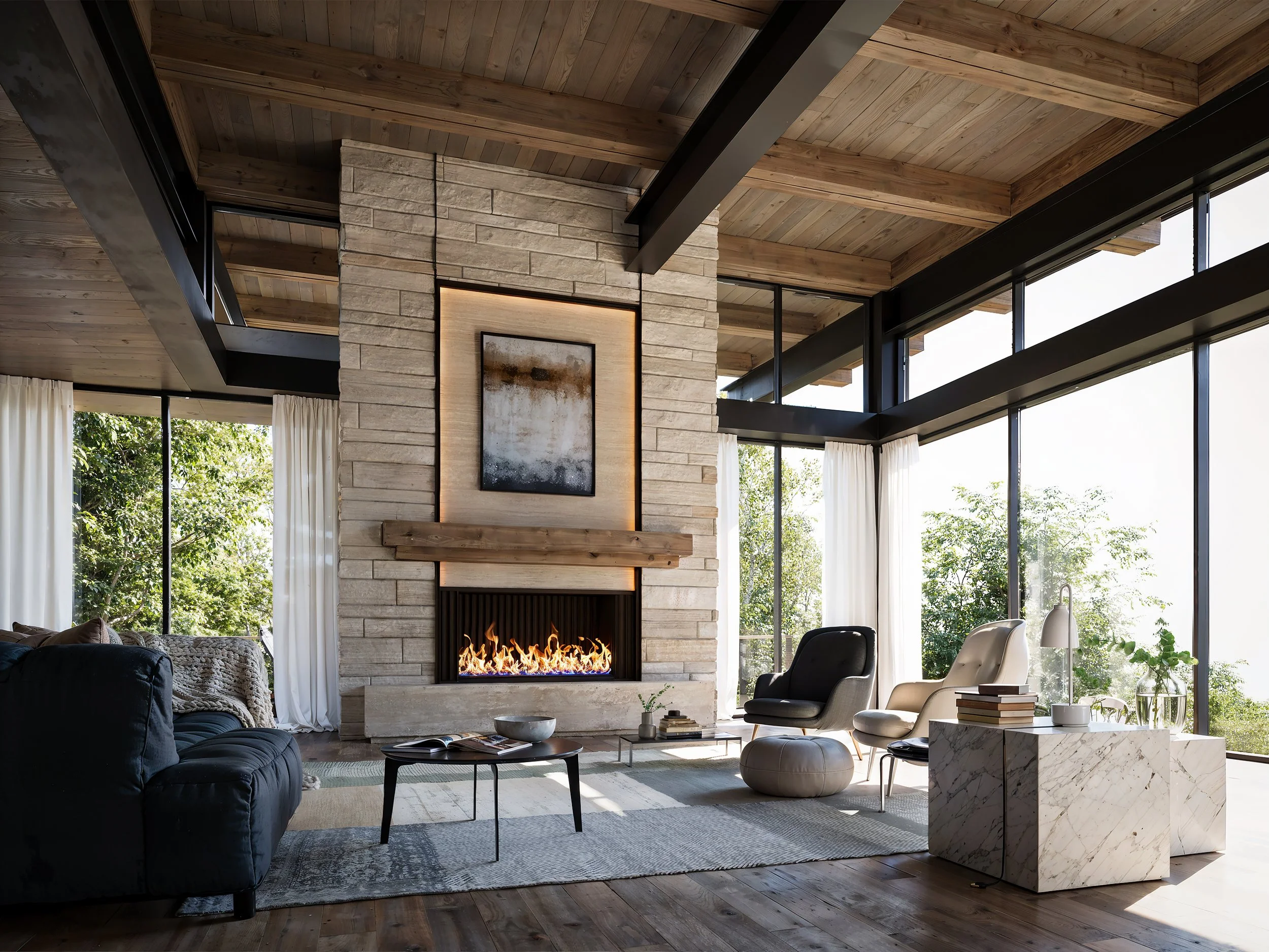 Modern living room with a stone fireplace, abstract artwork above it, large windows with white curtains, a black sofa, chairs, and a marble side table.