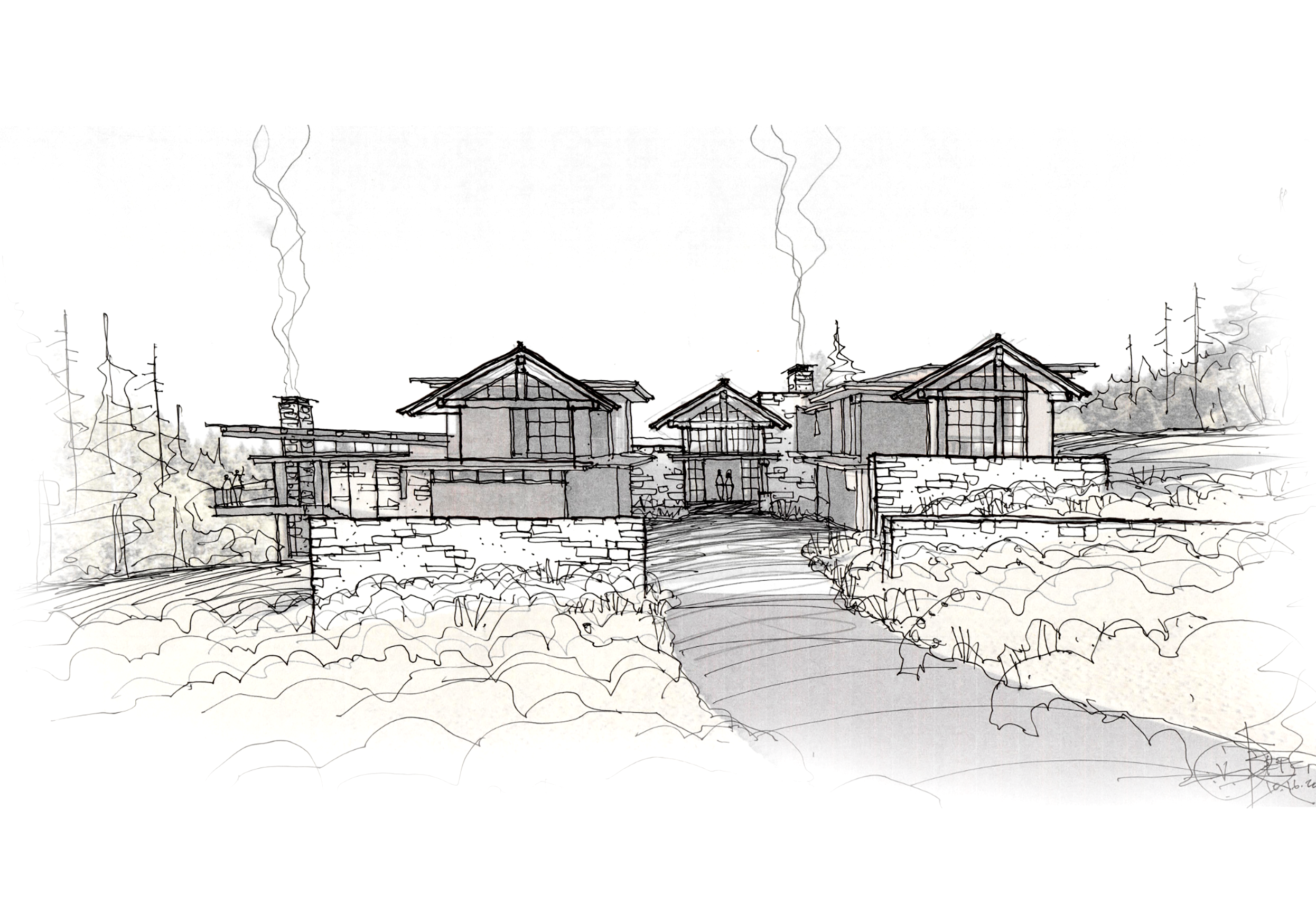 A black and white sketch of a large house with a stone foundation, multiple gabled roofs, and large windows, surrounded by trees and shrubbery.