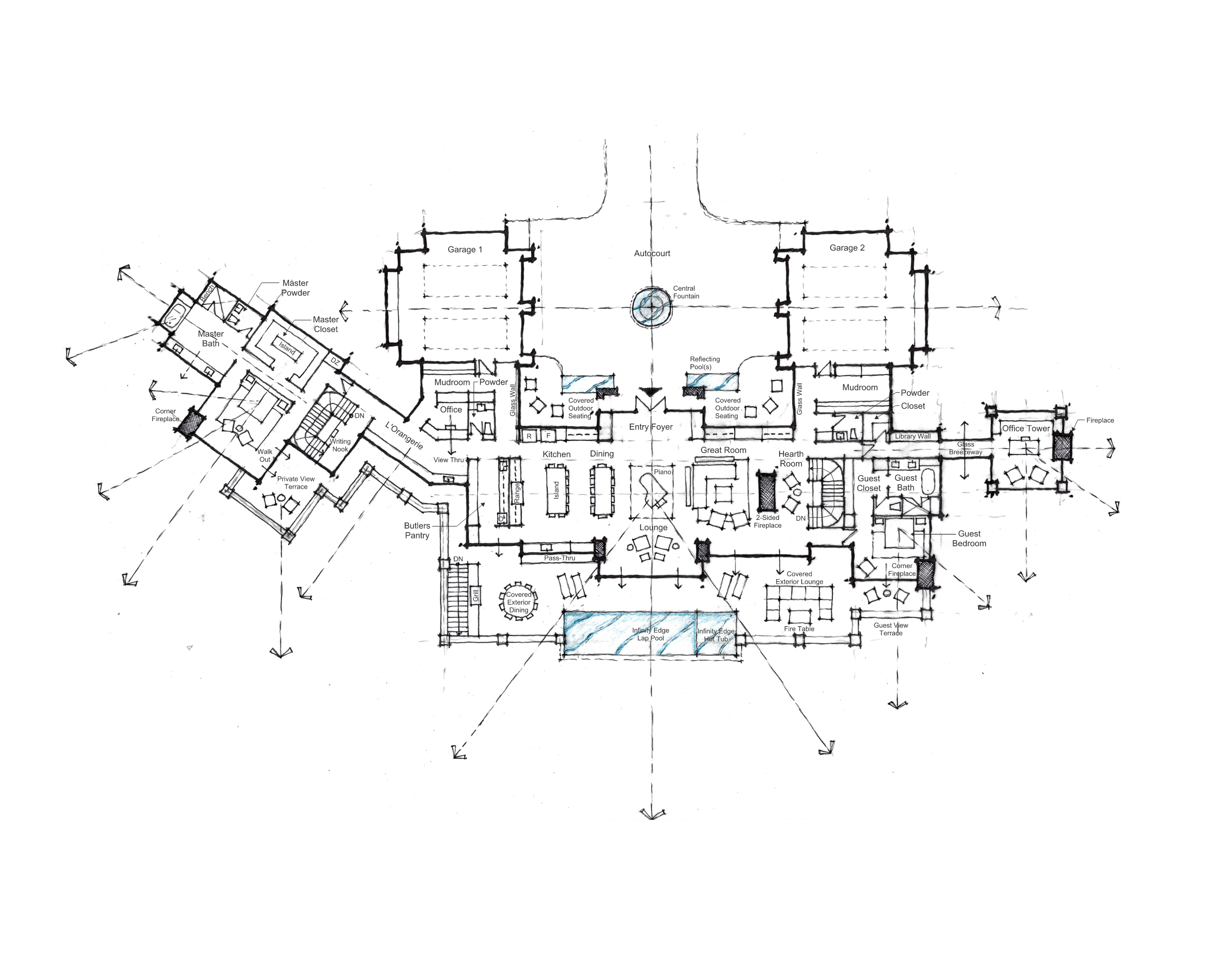 Detailed architectural floor plan of a large residence with labeled rooms, garages, outdoor seating areas, a pool, and various living and utility spaces.