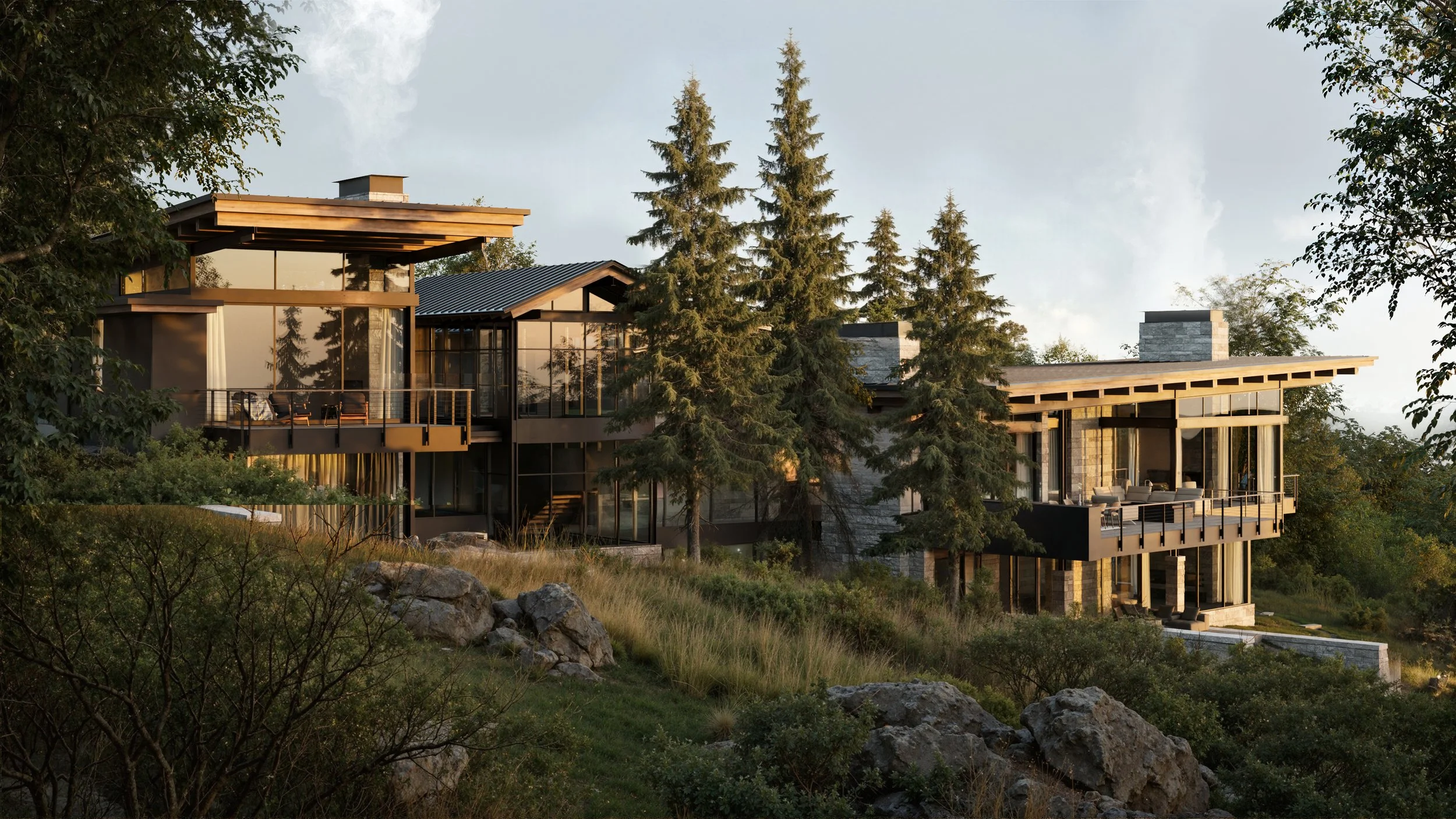 Modern house on a hillside with large glass windows, wooden and stone accents, surrounded by tall pine trees, during sunset.
