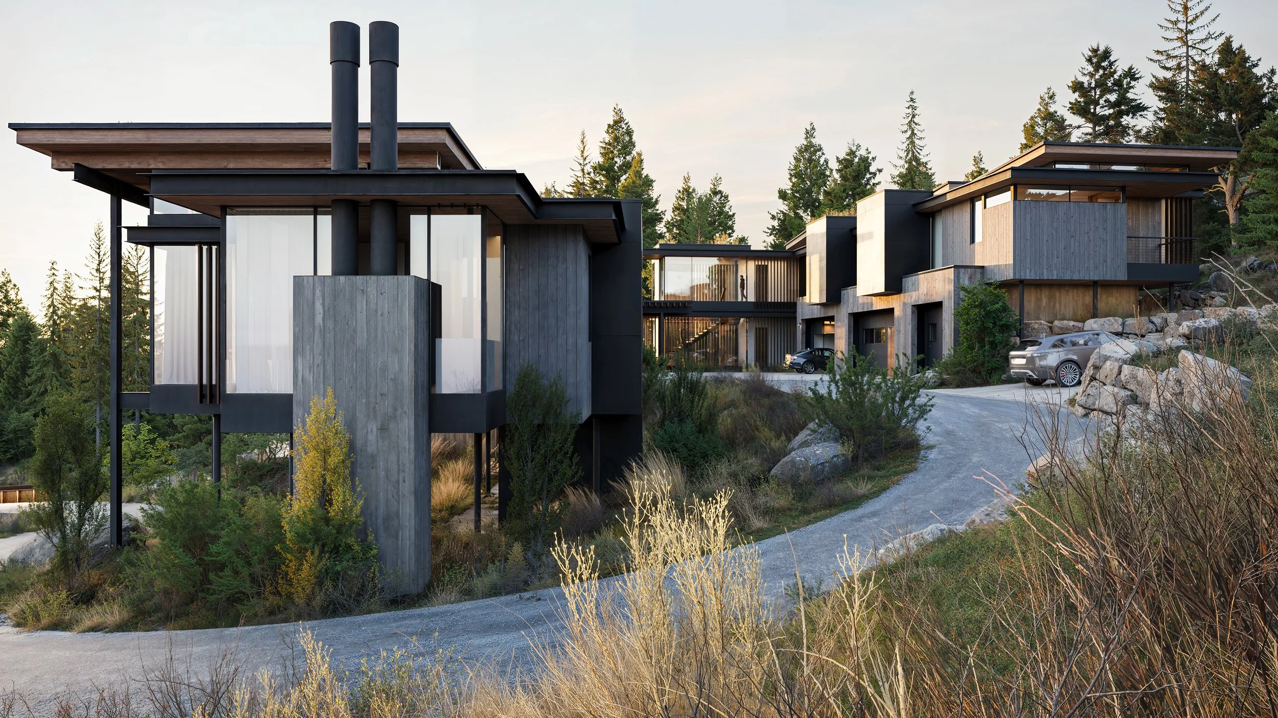 Modern multi-story house with large windows, gray and black exterior, set on a hillside with trees and plants, with a driveway leading up to it.